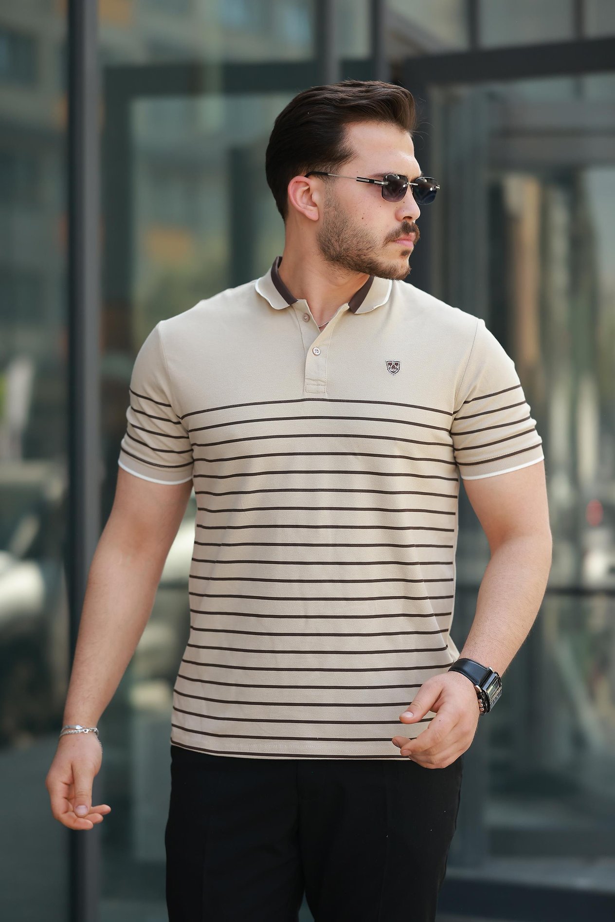 Miron Bej Çizgili Polo Yaka Kısa Kollu Tişört-2515