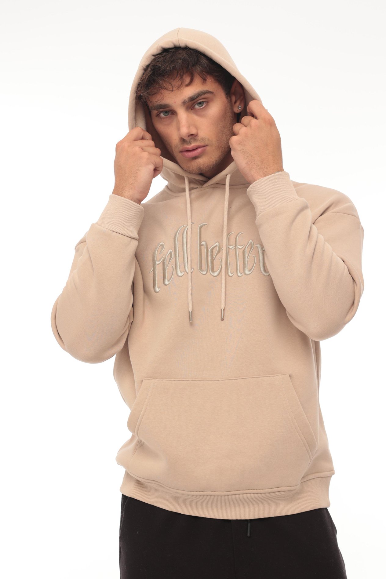 Miron Bej Fell Better Nakışlı Kapşonlu Üç İplik Oversize Sweatshirt- 2318