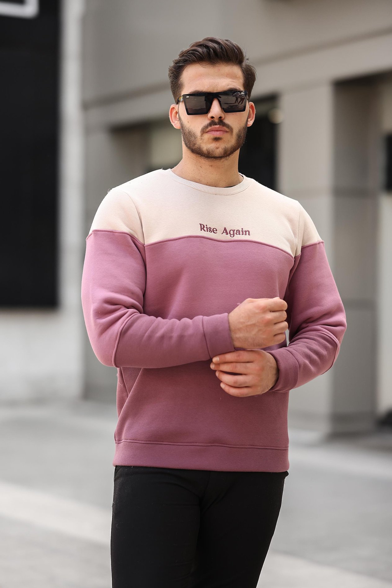Miron Bej Gül Kurusu Mürdüm Üç Renk Blok Parçalı Sıfır Yaka Üç iplik Oversize Sweatshirt- 2436