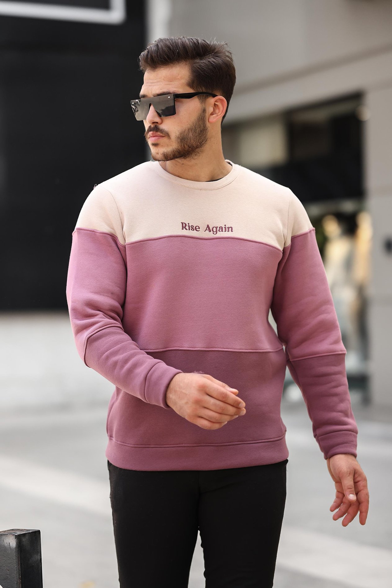 Miron Bej Gül Kurusu Mürdüm Üç Renk Blok Parçalı Sıfır Yaka Üç iplik Oversize Sweatshirt- 2436