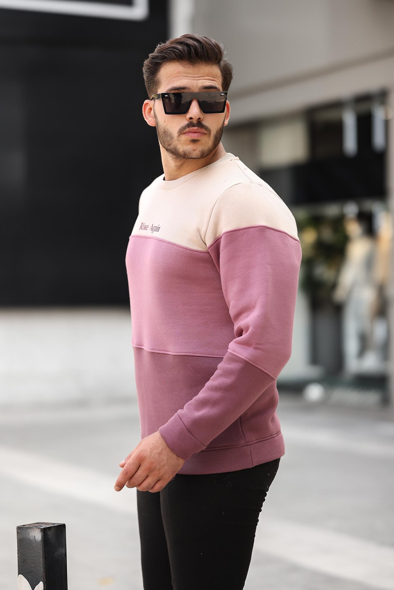 Miron Bej Gül Kurusu Mürdüm Üç Renk Blok Parçalı Sıfır Yaka Üç iplik Oversize Sweatshirt- 2436