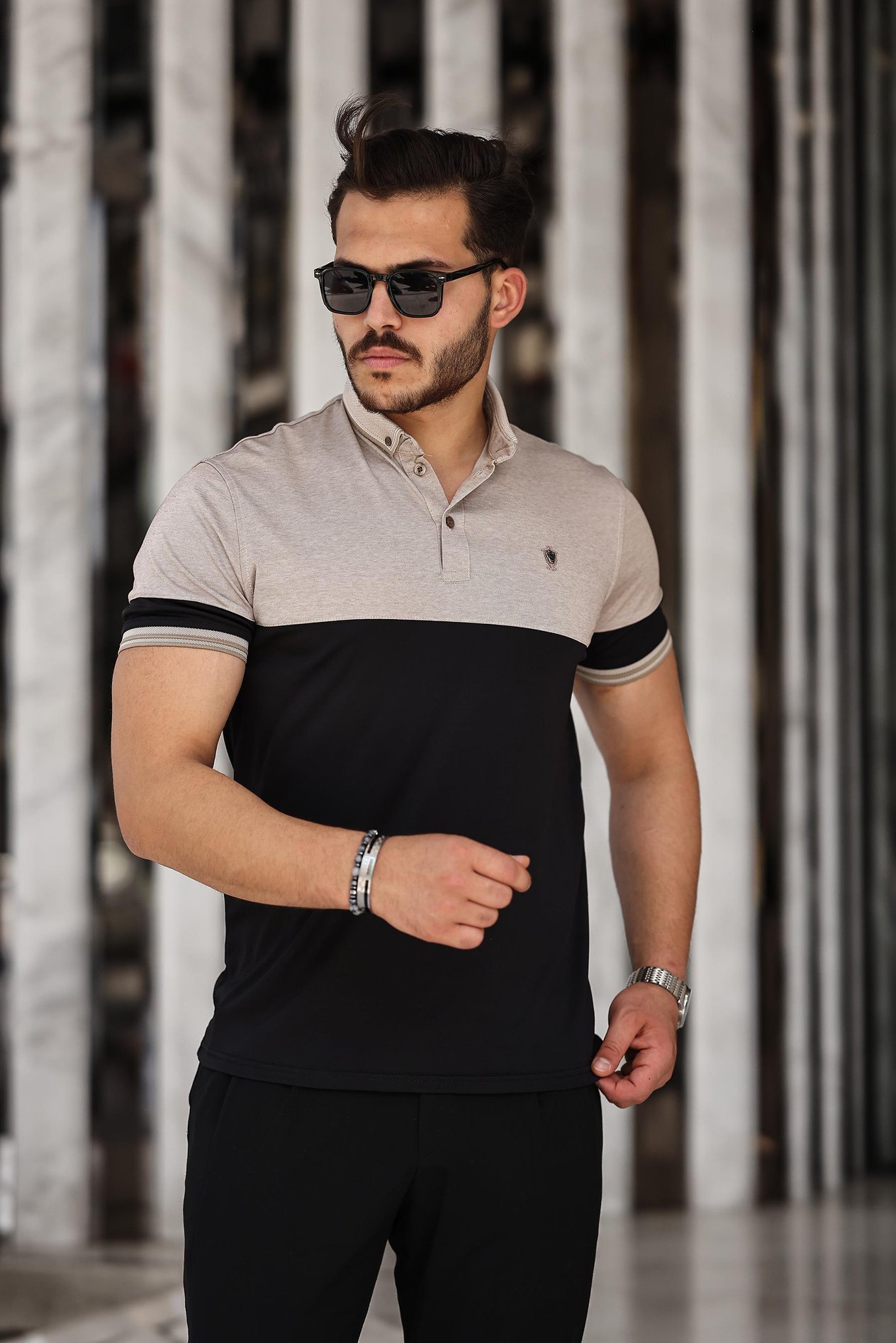 Miron Bej Siyah Kagi Ston Parçalı Polo Yaka Kısa Kollu Tişört- 2402