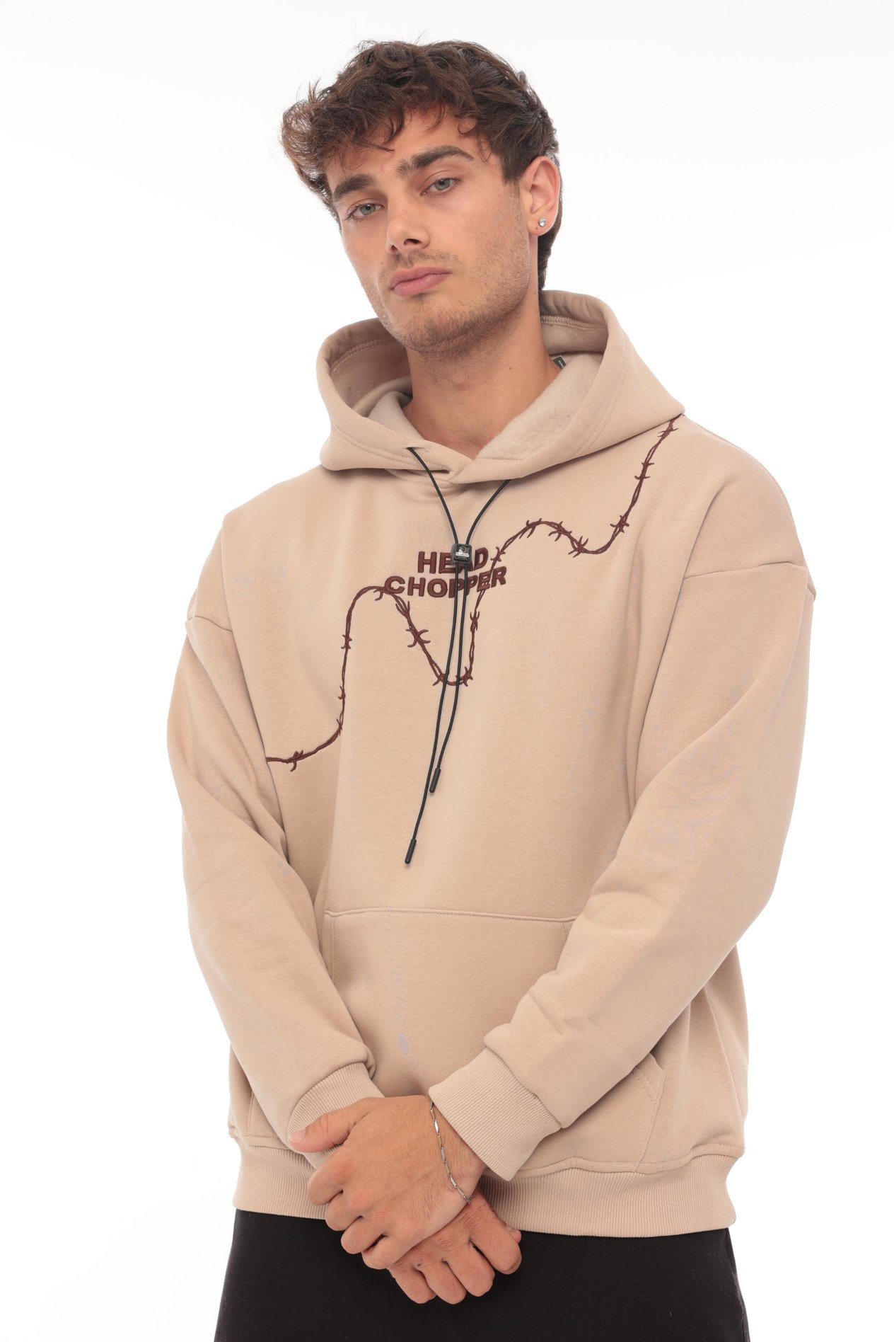 Miron Bej Üç İplik Head Chopper Nakışlı Oversize Kapşonlu Sweatshirt- 2319