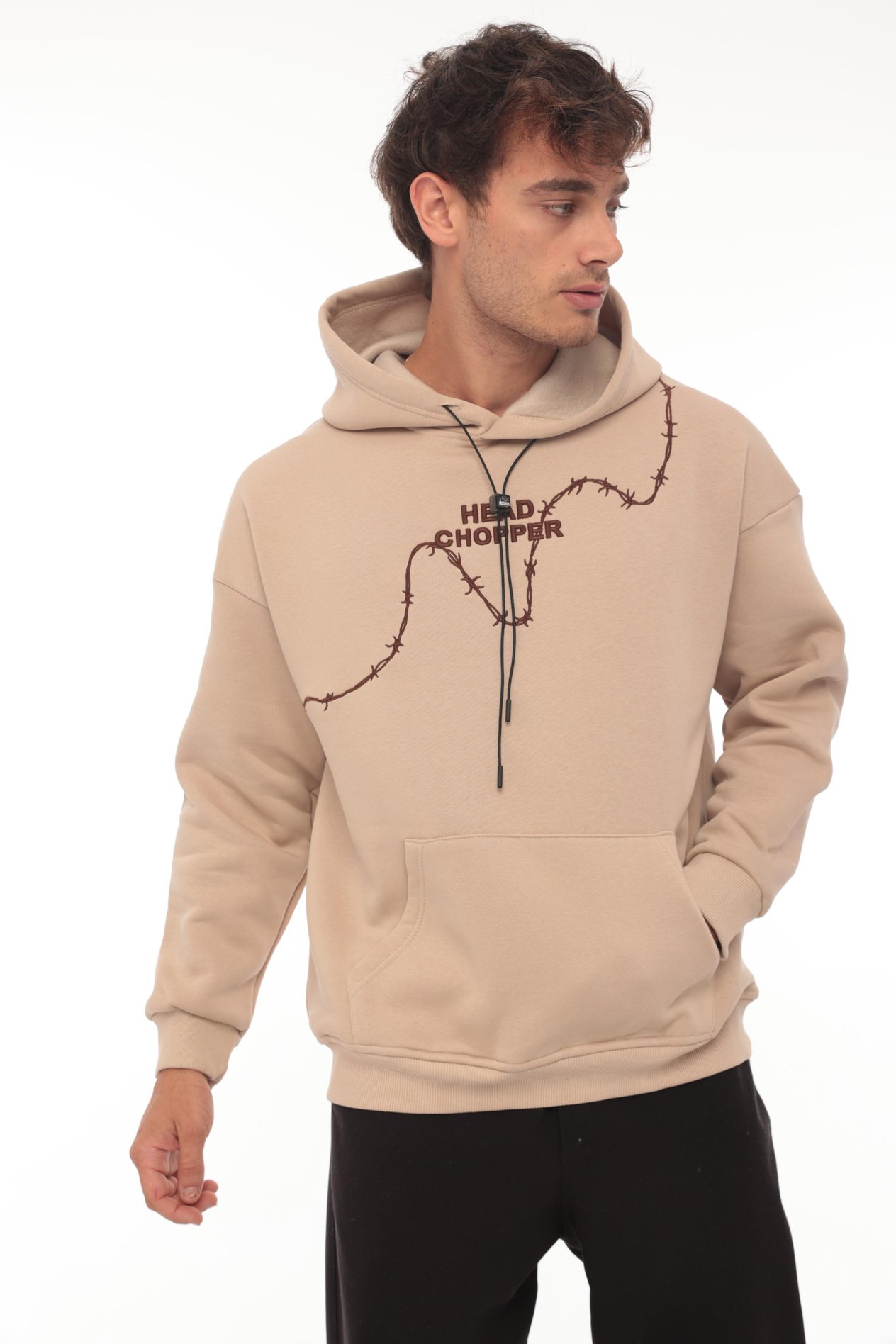 Miron Bej Üç İplik Head Chopper Nakışlı Oversize Kapşonlu Sweatshirt- 2319