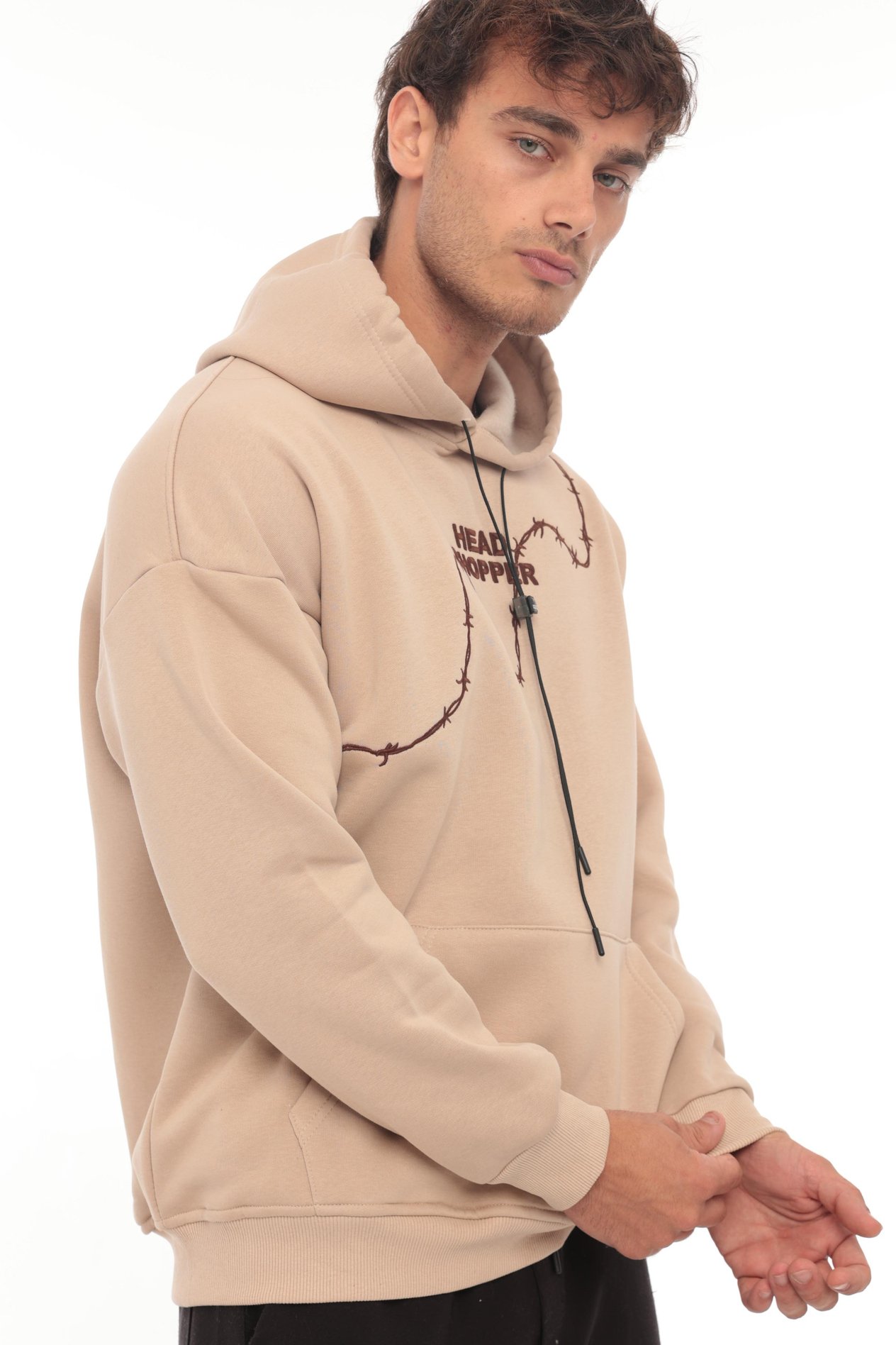 Miron Bej Üç İplik Head Chopper Nakışlı Oversize Kapşonlu Sweatshirt- 2319