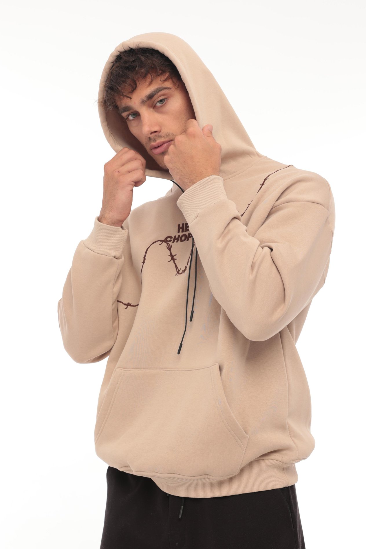 Miron Bej Üç İplik Head Chopper Nakışlı Oversize Kapşonlu Sweatshirt- 2319