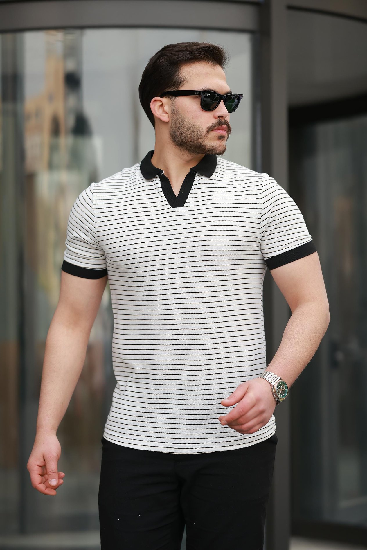 Miron Beyaz Çizgili Polo Yaka Kısa Kollu Tişört -2508
