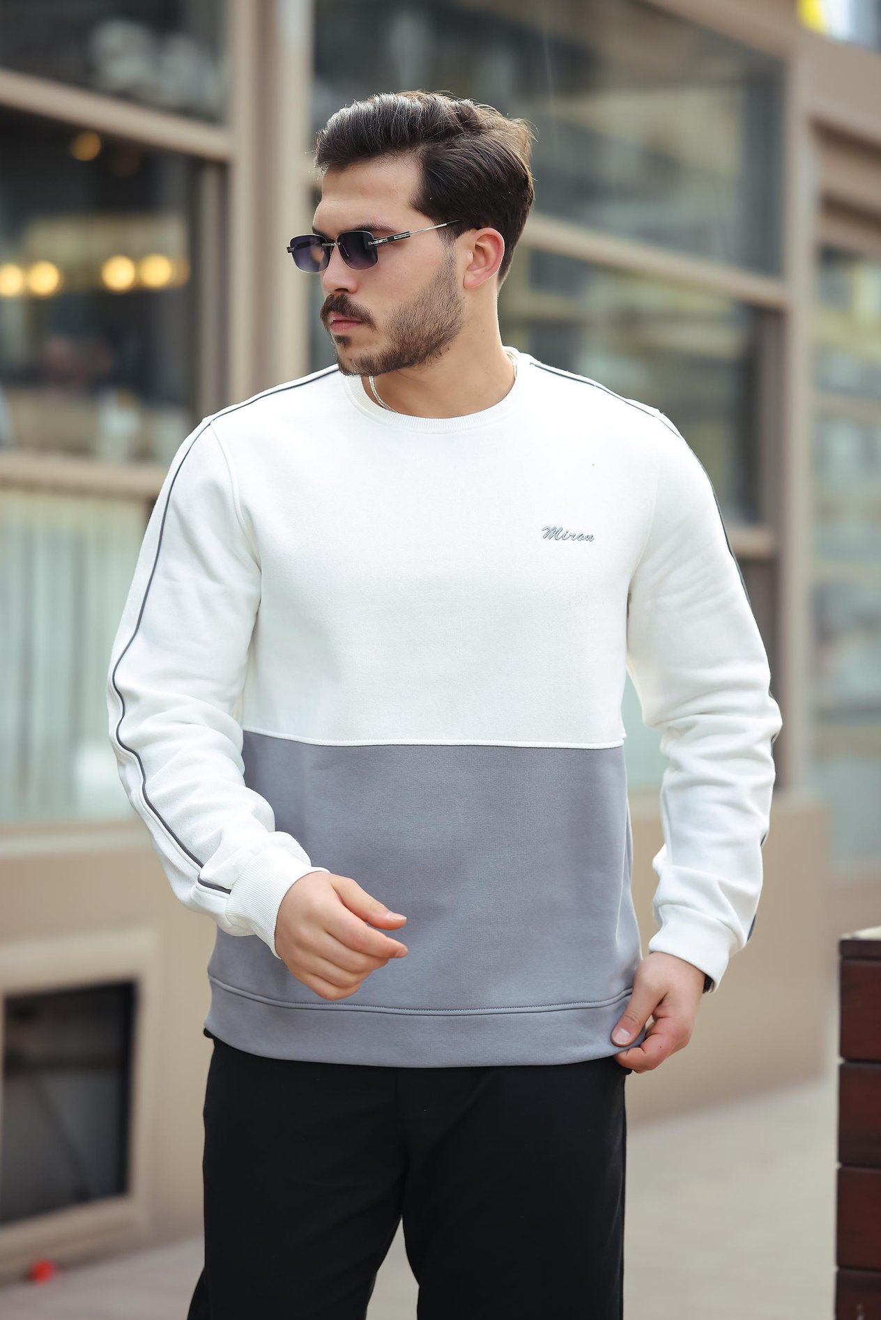 Miron Beyaz Gri Sıfır Yaka İki Renk Regular Fit Sweatshirt 2459