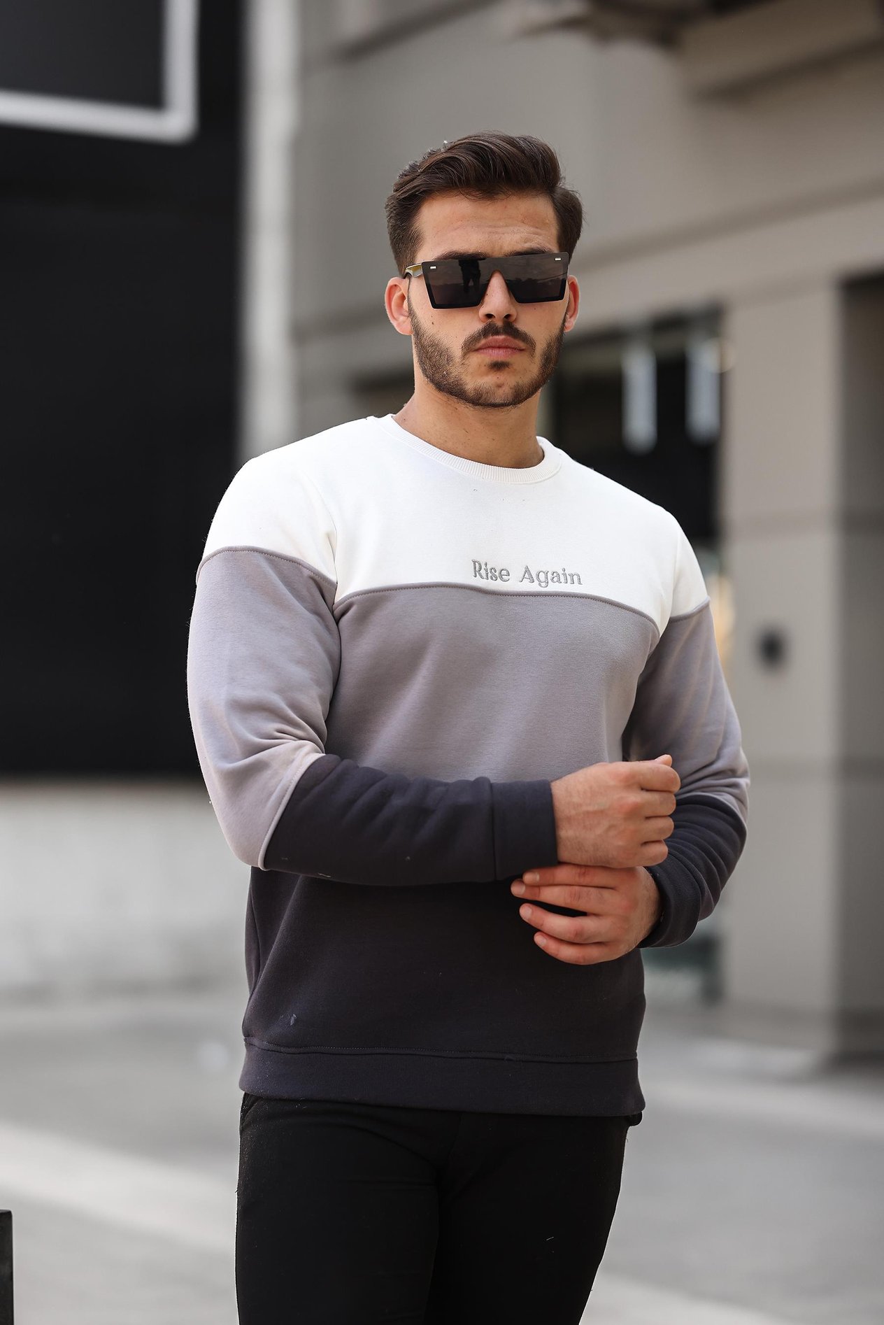 Miron Beyaz Gri Siyah Üç Renk Blok Parçalı Sıfır Yaka Üç iplik Oversize Sweatshirt- 2436
