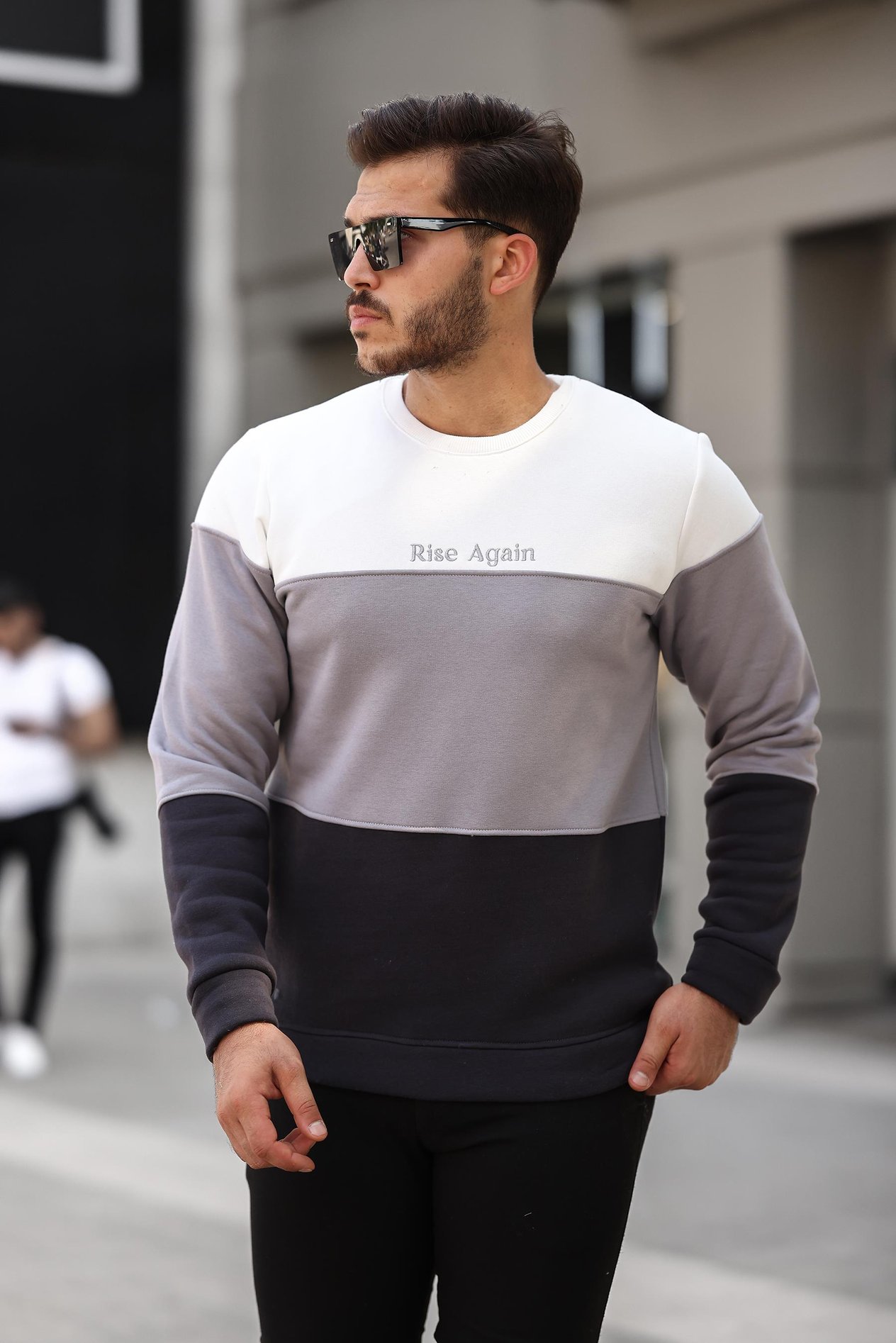 Miron Beyaz Gri Siyah Üç Renk Blok Parçalı Sıfır Yaka Üç iplik Oversize Sweatshirt- 2436