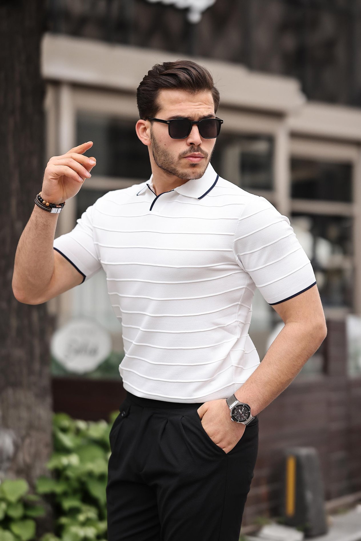 Miron Beyaz Kabartma Çizgi Polo Yaka Triko Tişört