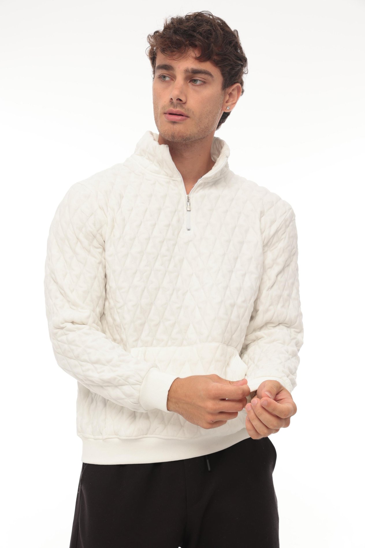 Miron Beyaz Kapitone Detaylı Yarım Fermuarlı Regular Fit Sweatshirt