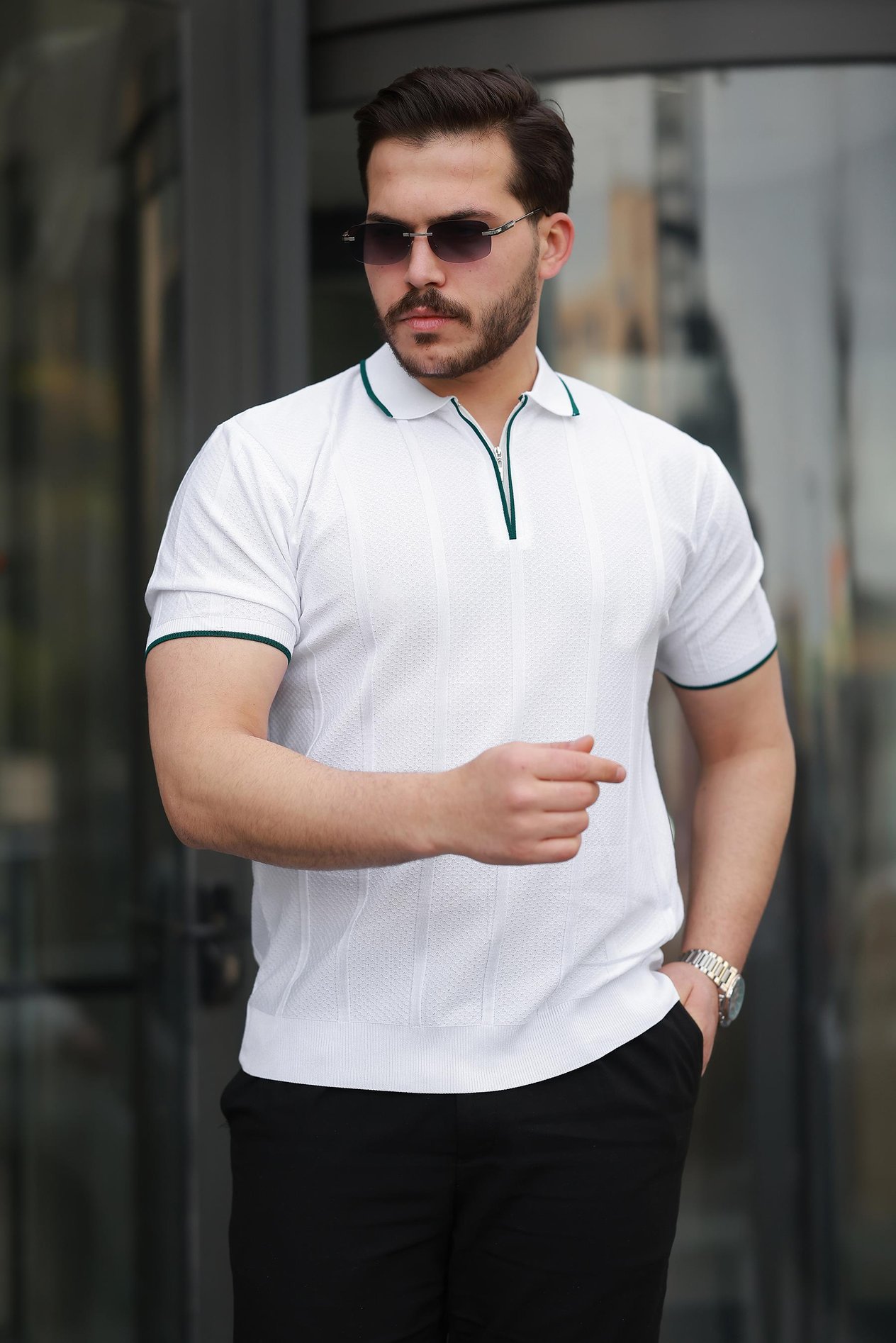 Miron Beyaz Petek Dokulu Fermuarlı Polo Yaka Triko Kısa Kollu Tişört 2511