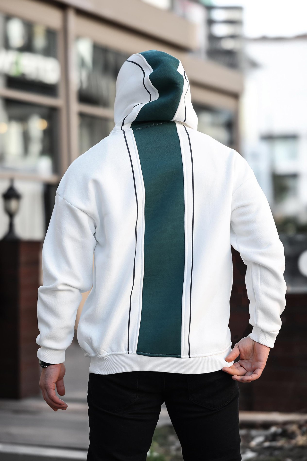 Miron Beyaz Sırt Şeritli Kapüşonlu Üç İplik Oversize Sweatshirt-2437 