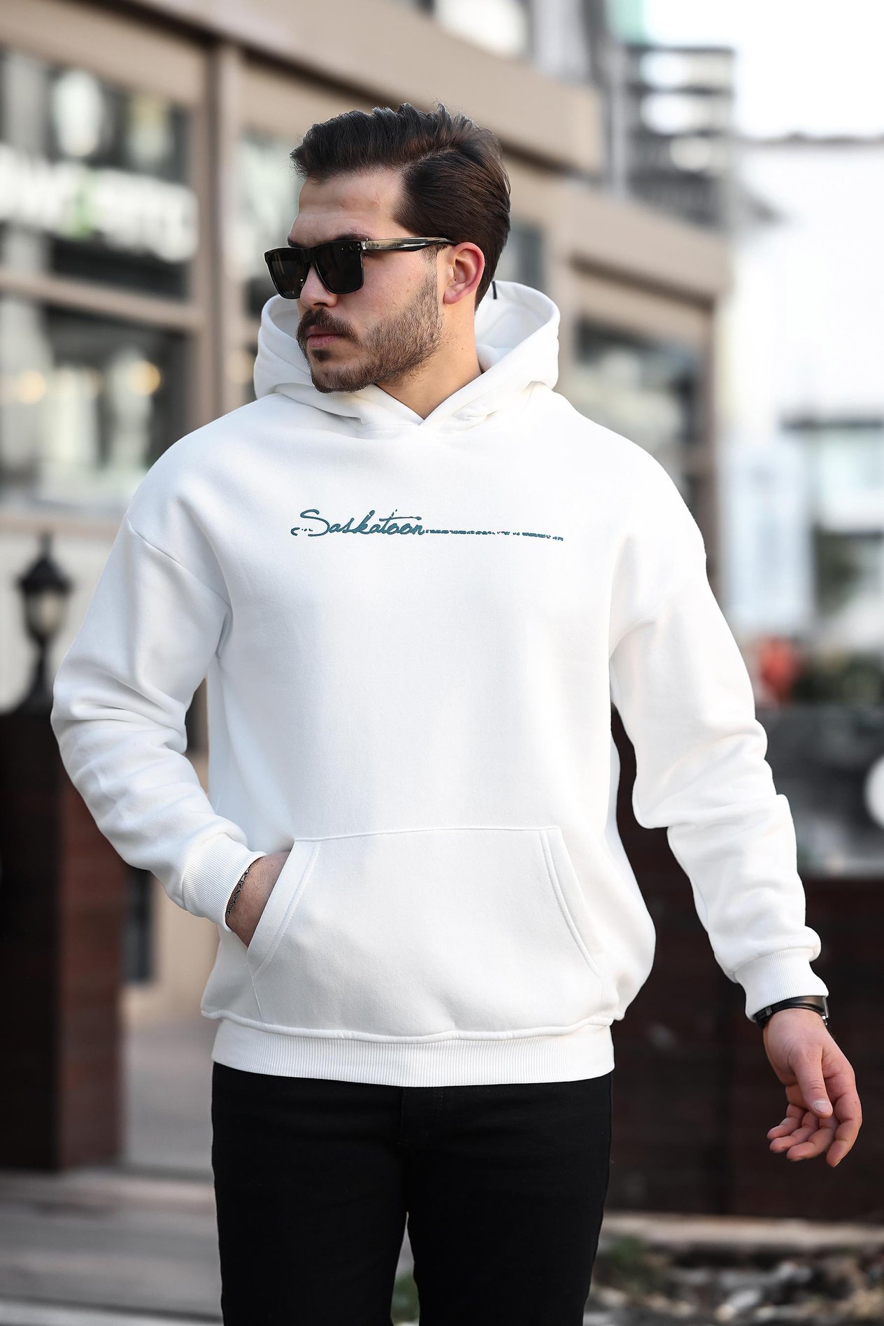 Miron Beyaz Sırt Şeritli Kapüşonlu Üç İplik Oversize Sweatshirt-2437 