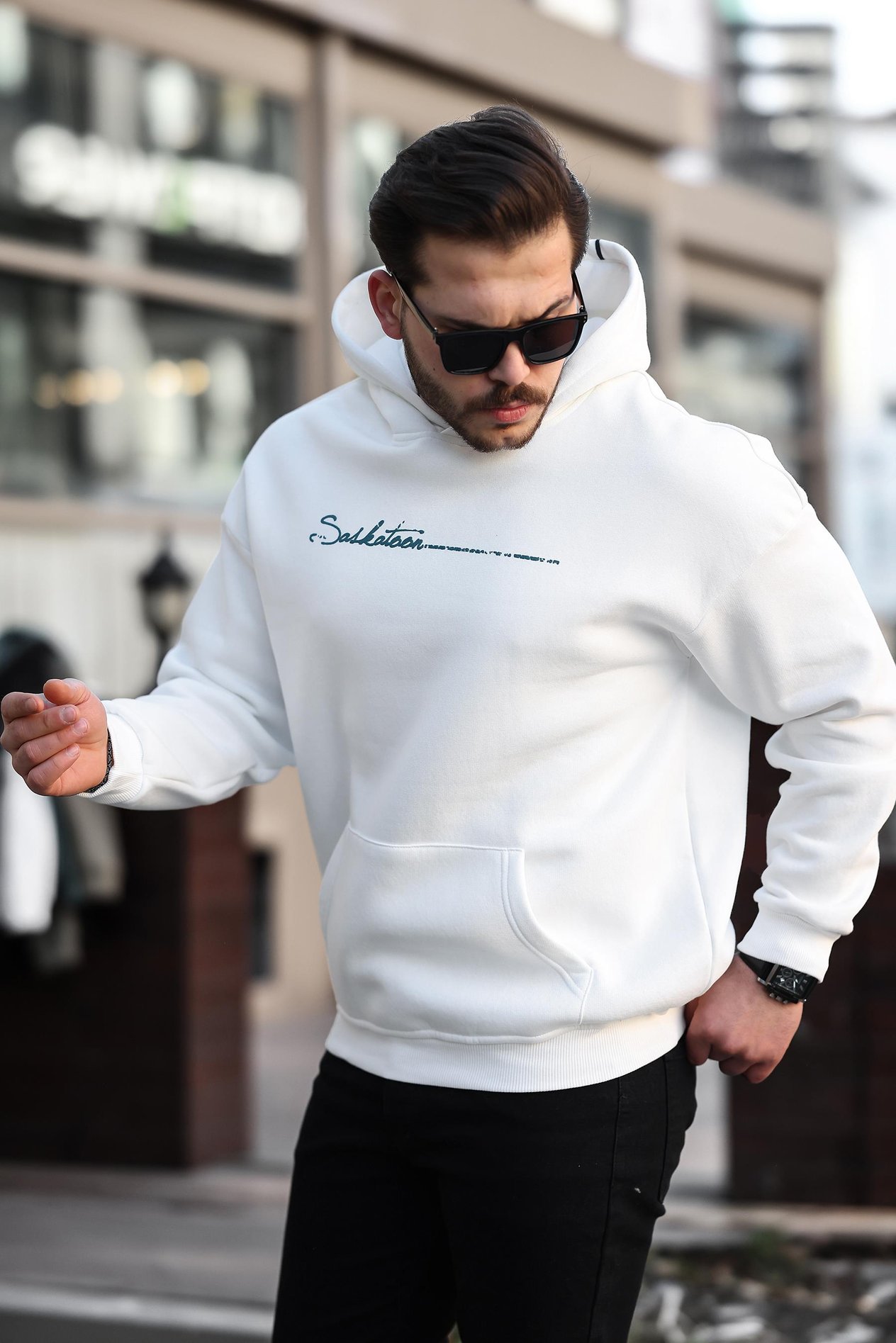 Miron Beyaz Sırt Şeritli Kapüşonlu Üç İplik Oversize Sweatshirt-2437 