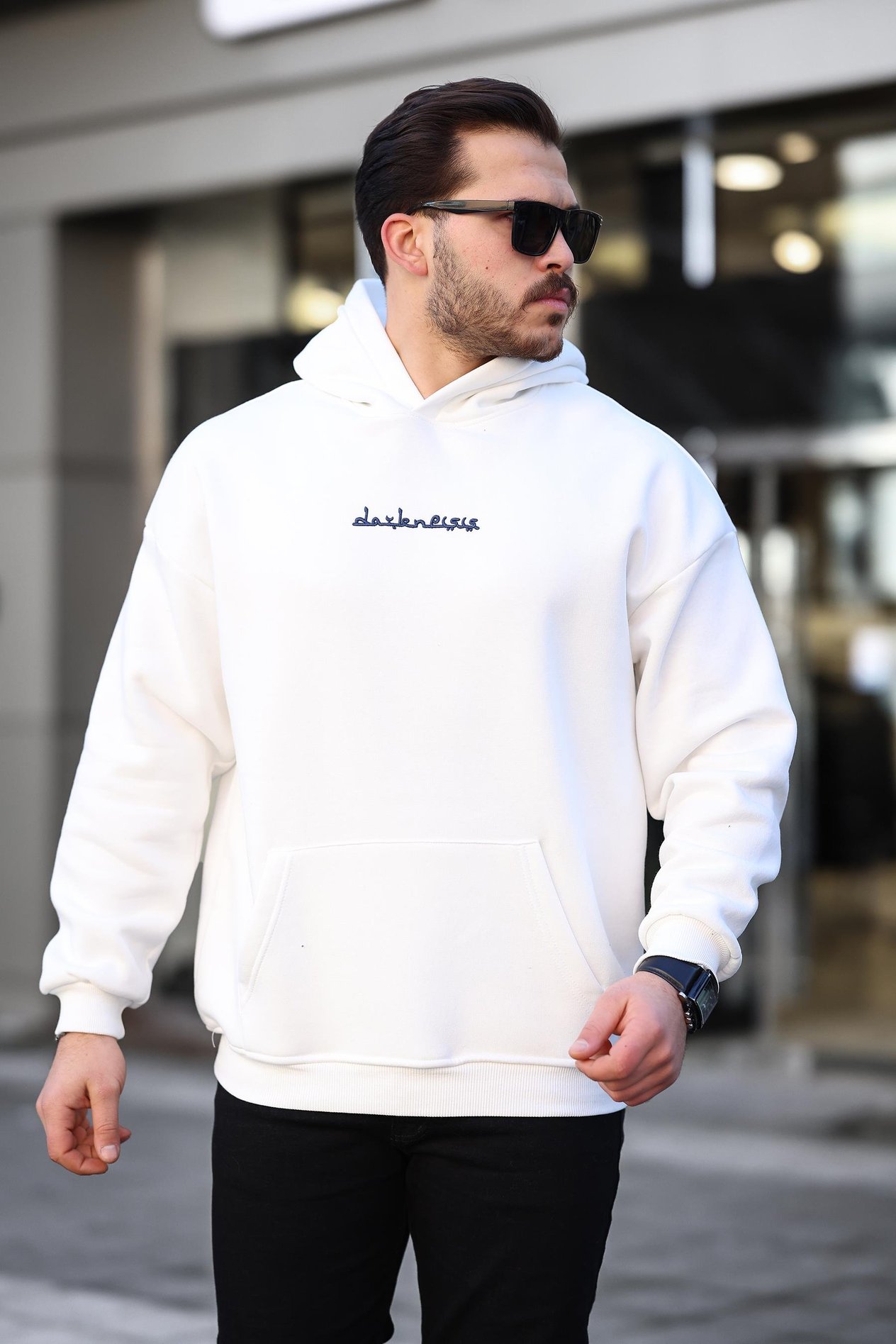 Miron Beyaz Sırtı Etnik Baskılı Kapüşonlu Üç İplik Oversize Sweatshirt-2438 
