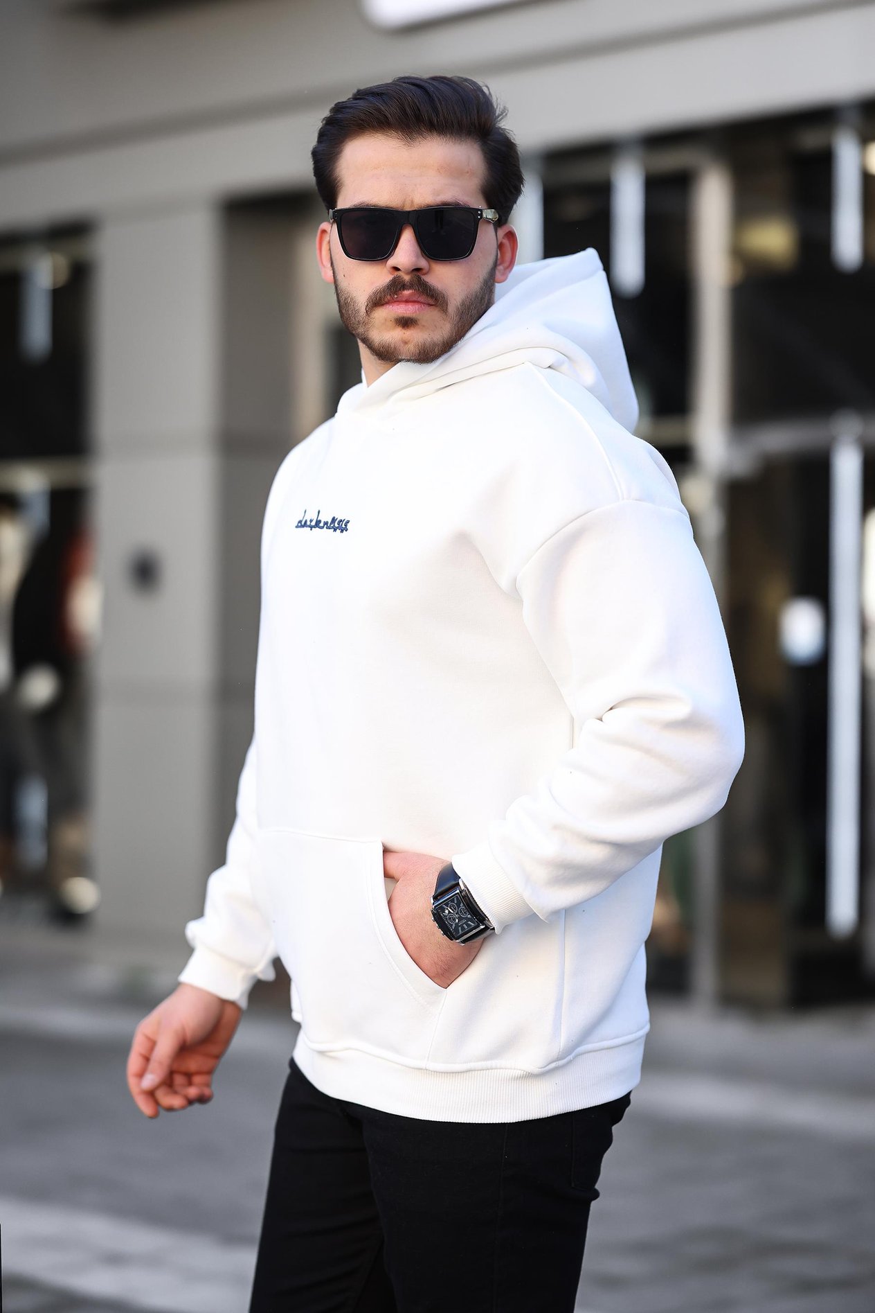 Miron Beyaz Sırtı Etnik Baskılı Kapüşonlu Üç İplik Oversize Sweatshirt-2438 