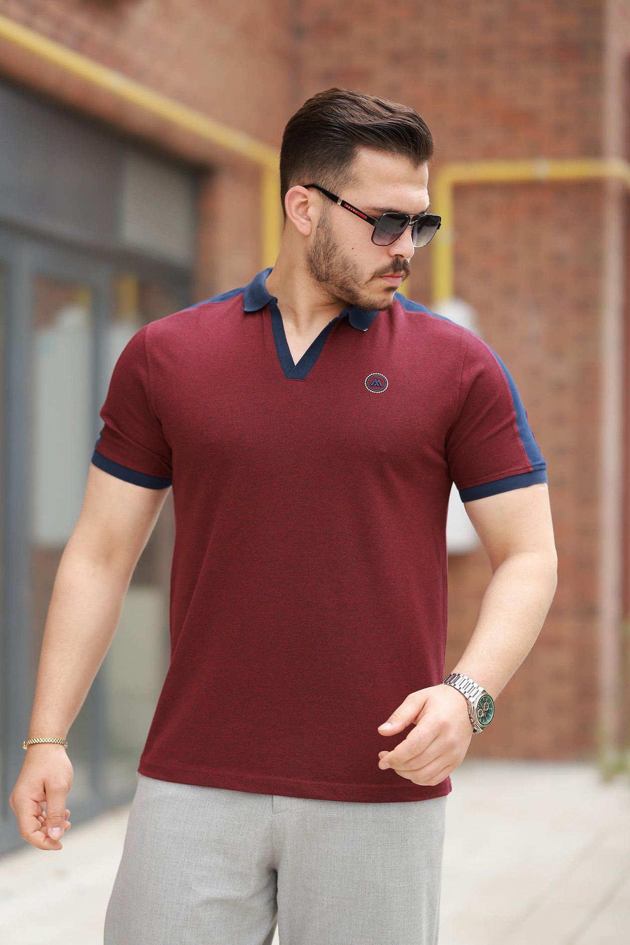 Miron Bordo Nakışlı V Polo Yaka Kısa Kollu Tişört-2524