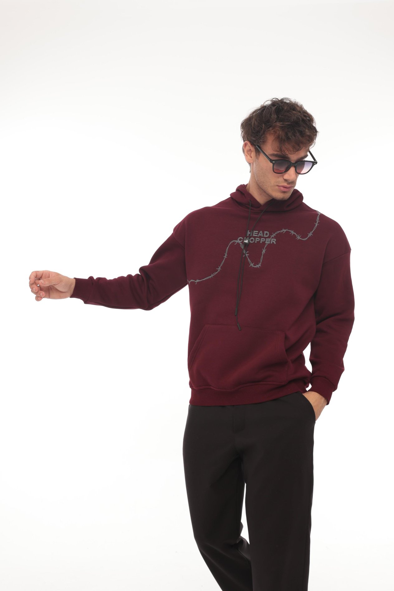 Miron Bordo Üç İplik Head Chopper Nakışlı Oversize Kapşonlu Sweatshirt- 2319