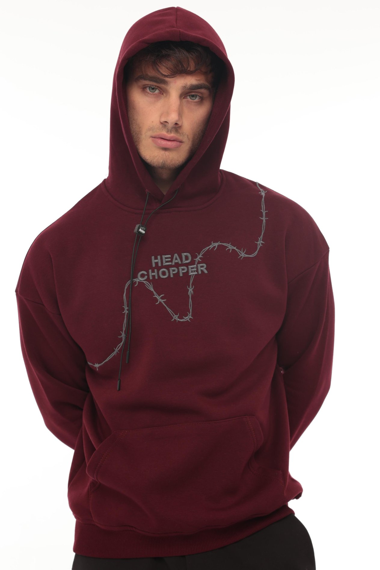 Miron Bordo Üç İplik Head Chopper Nakışlı Oversize Kapşonlu Sweatshirt- 2319