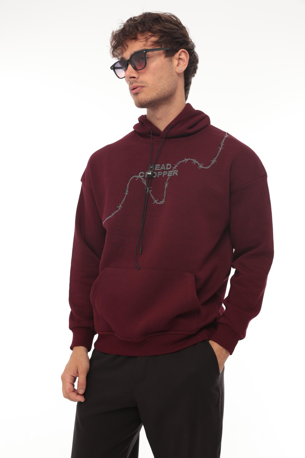 Miron Bordo Üç İplik Head Chopper Nakışlı Oversize Kapşonlu Sweatshirt- 2319