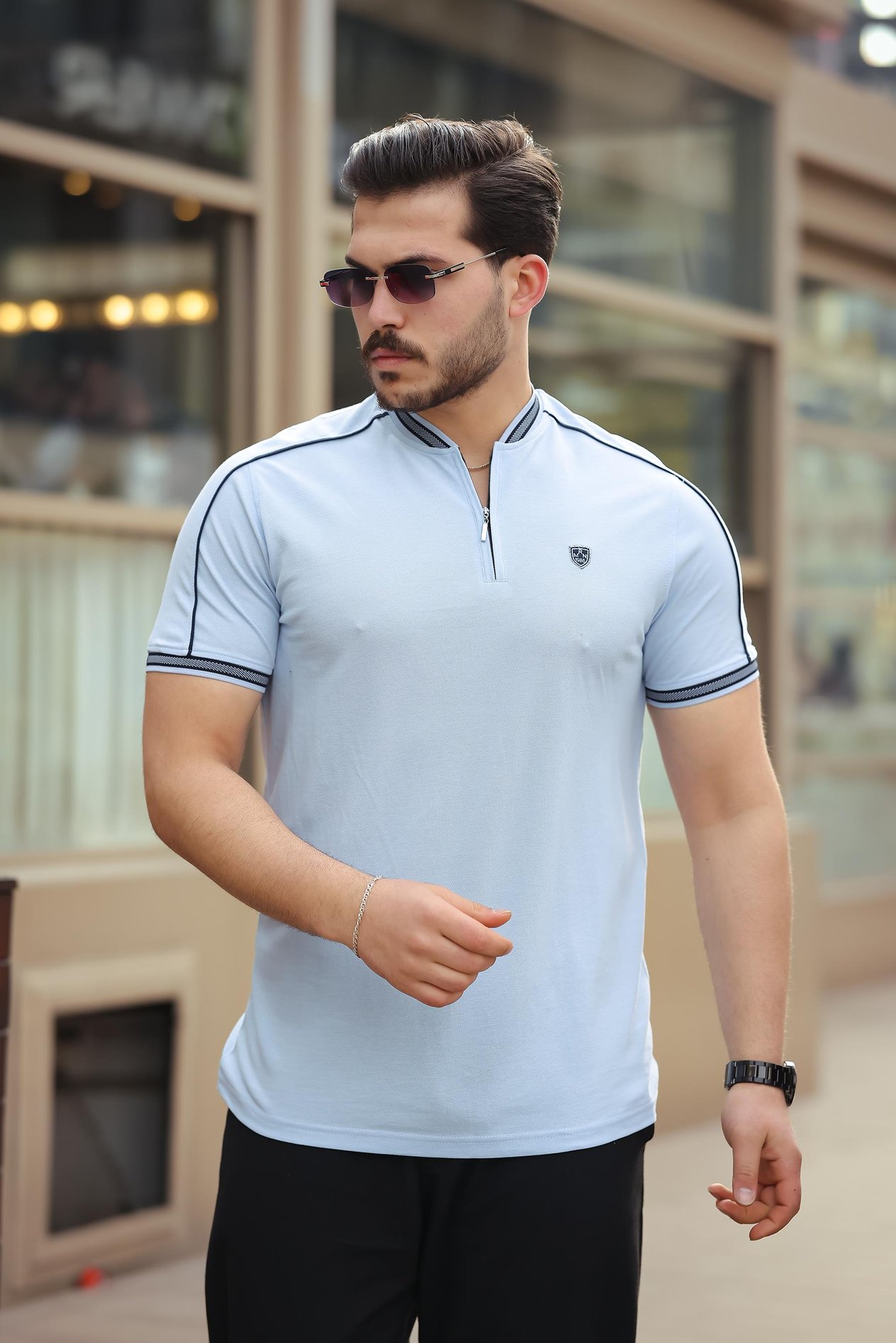 Miron Buz Mavisi Kolej Yaka Yarım Fermuarlı Kısa Kollu Tişört- 2408