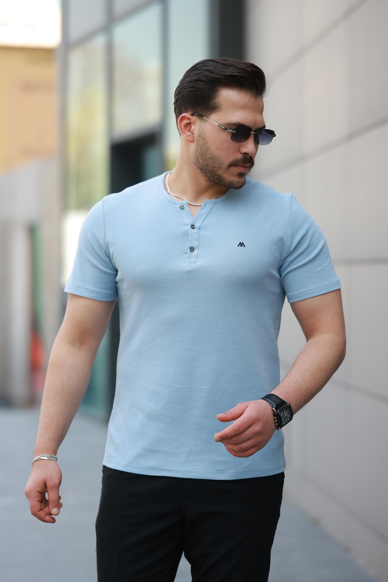 Miron Buz Mavisi Önü Düğmeli Sıfır Yaka Kısa Kollu Regular Fit Tişört- 2510