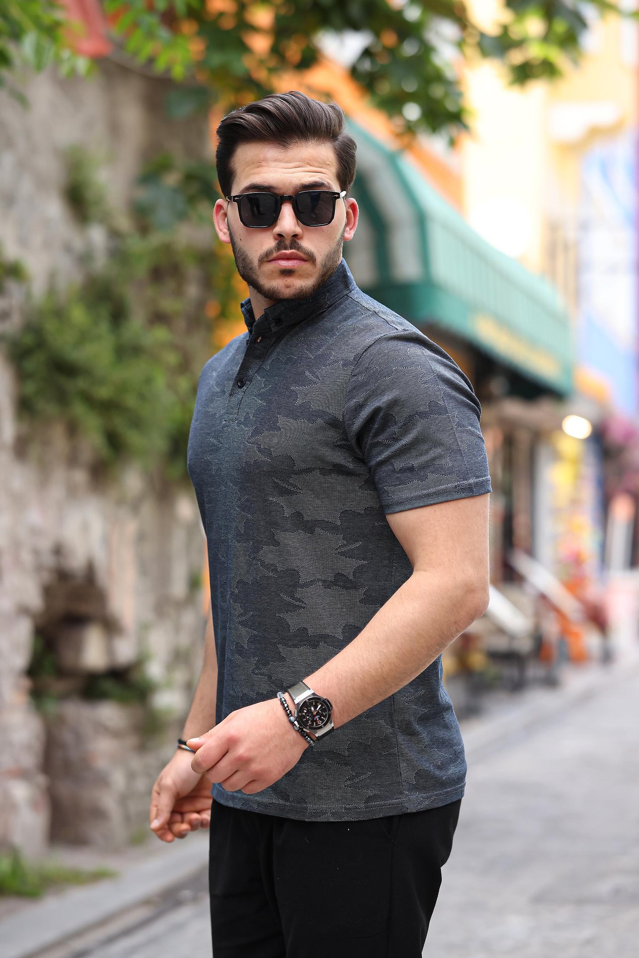 Miron Desenli Kumaş Polo Yaka Kısa Kollu Tişört- 2414