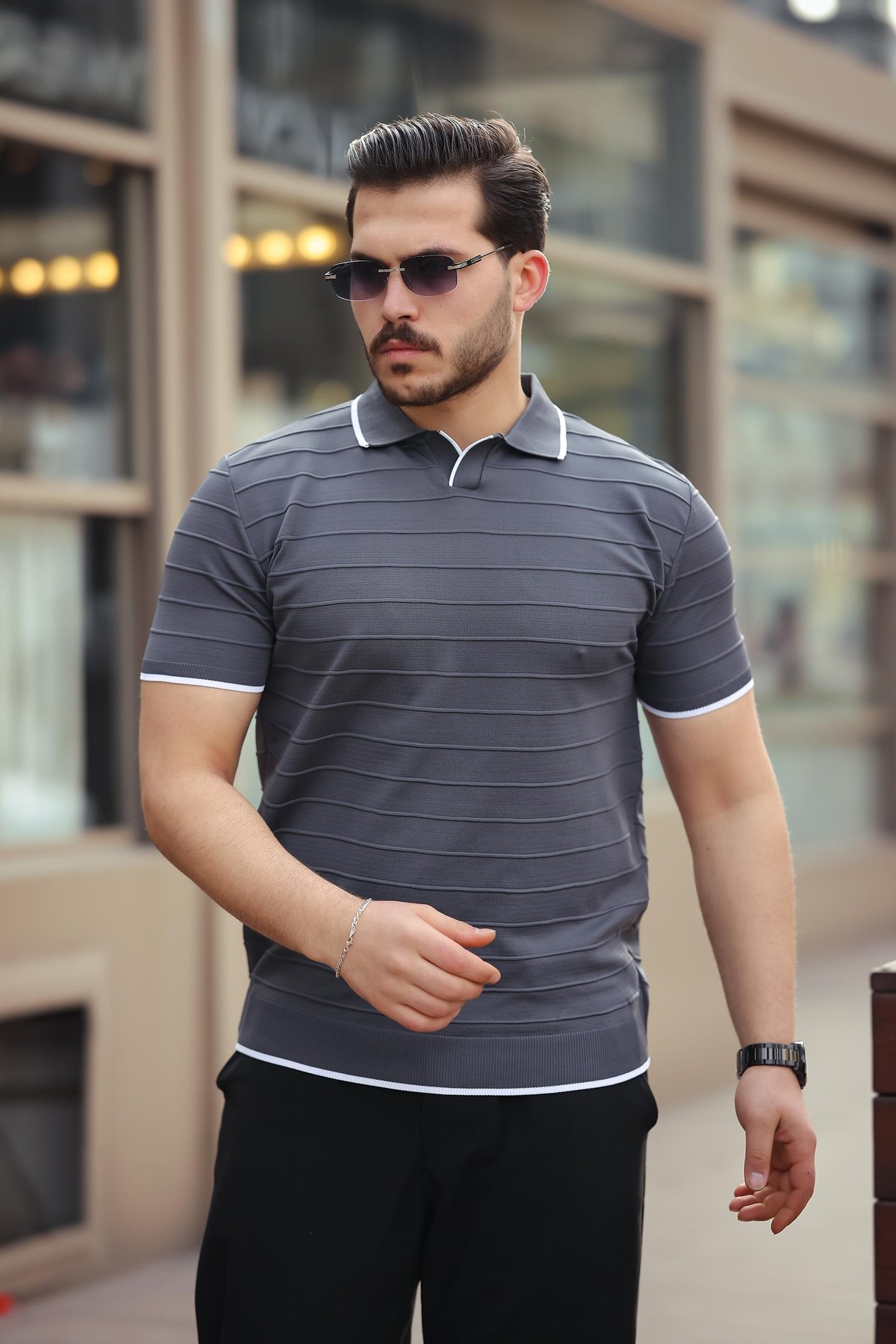 Miron Füme Kabartma Çizgi Polo Yaka Triko Tişört- 2403