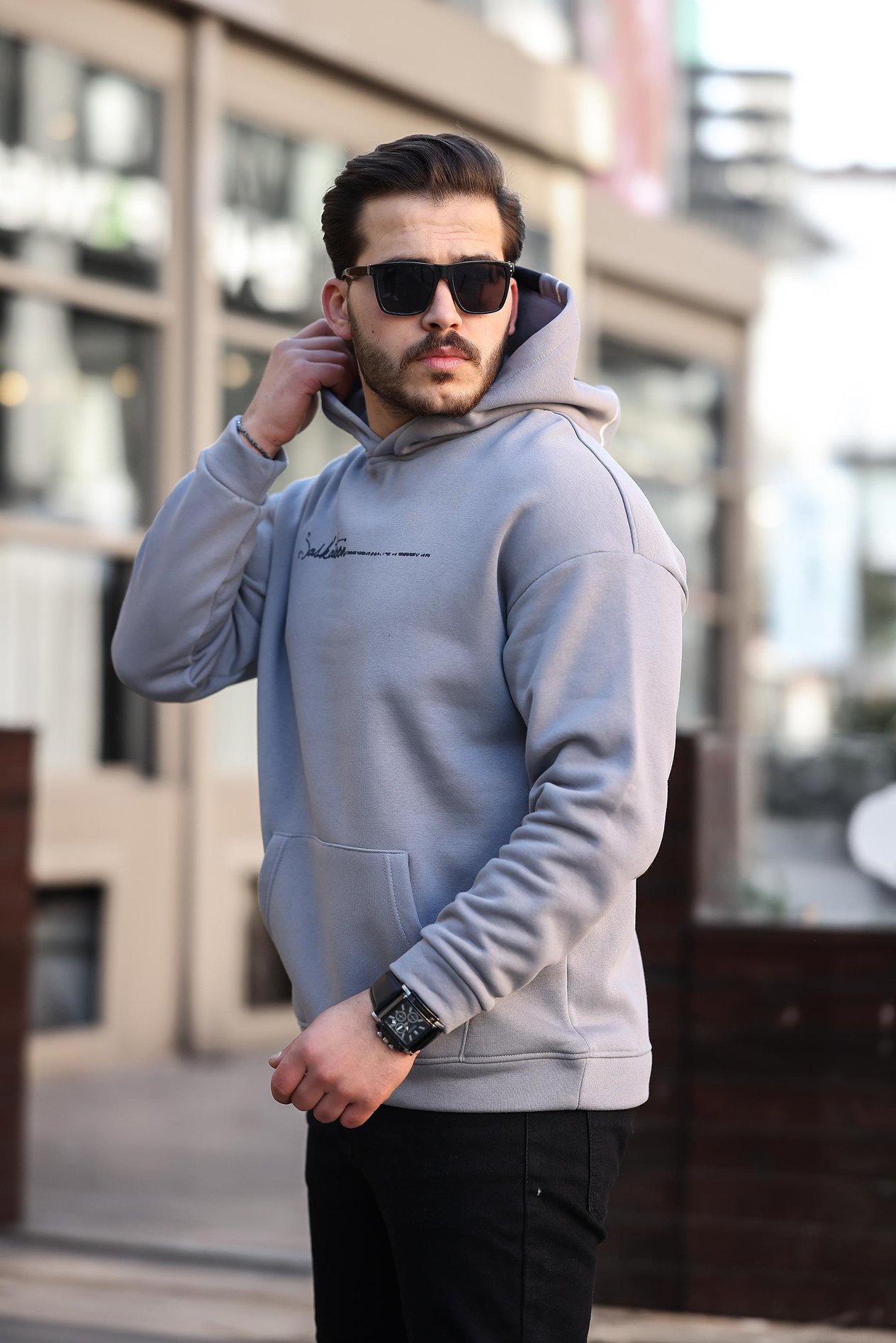 Miron Füme Sırt Şeritli Kapüşonlu Üç İplik Oversize Sweatshirt-2437 