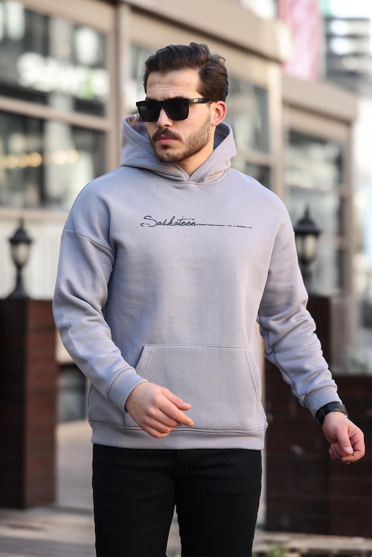 Miron Füme Sırt Şeritli Kapüşonlu Üç İplik Oversize Sweatshirt-2437 