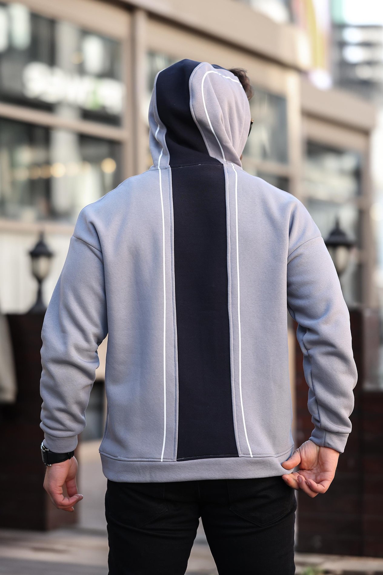 Miron Füme Sırt Şeritli Kapüşonlu Üç İplik Oversize Sweatshirt-2437 
