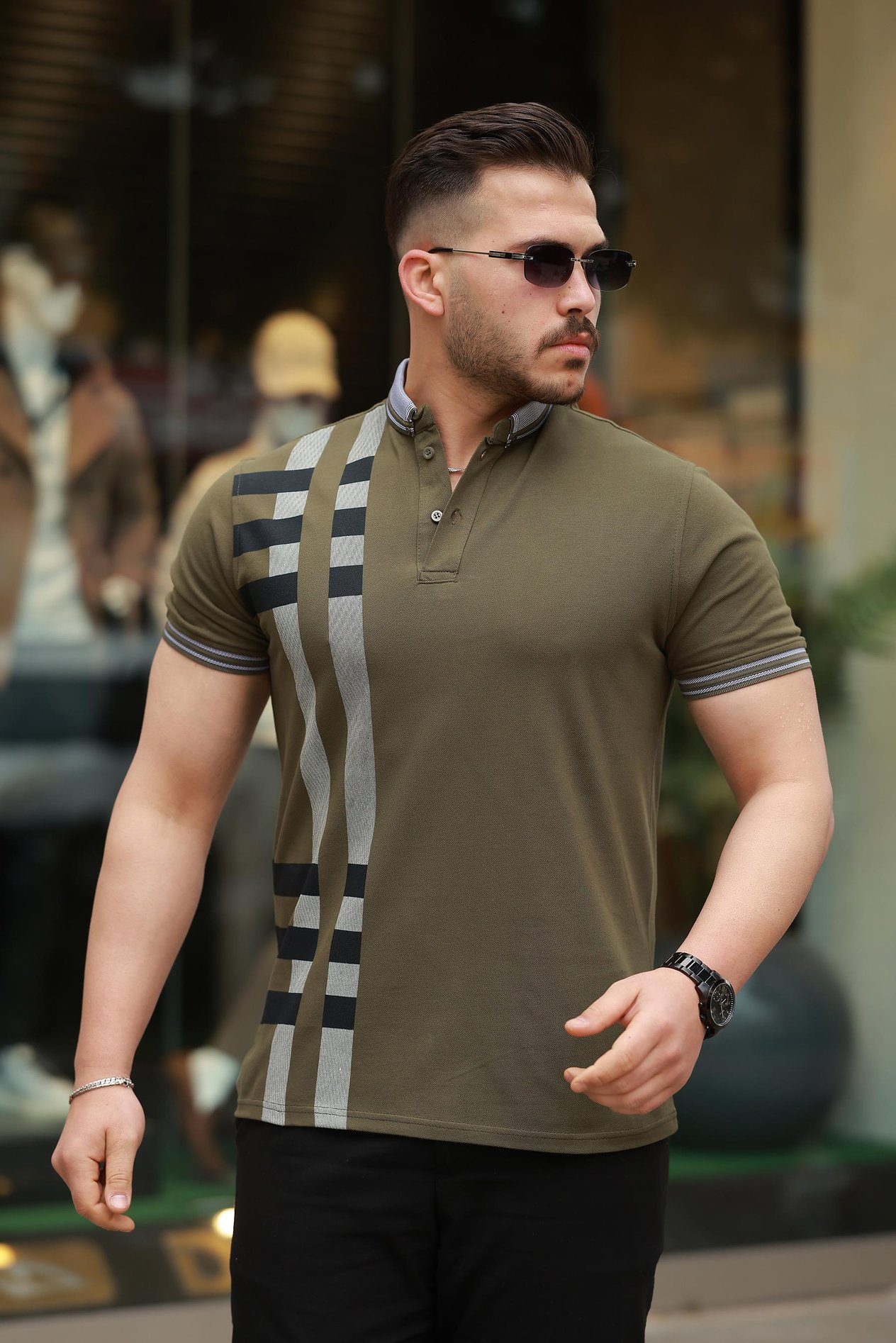 Miron Haki Baskı Detaylı Polo Yaka Kısa Kollu Tişört -2519