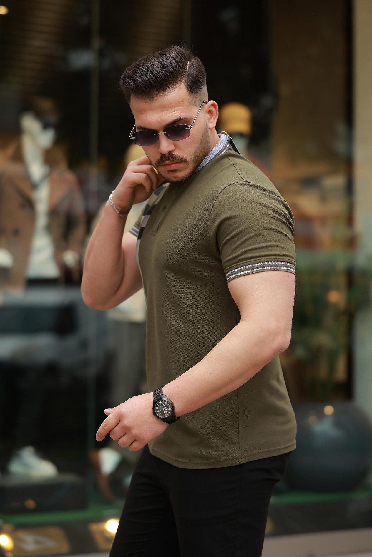 Miron Haki Baskı Detaylı Polo Yaka Kısa Kollu Tişört -2519