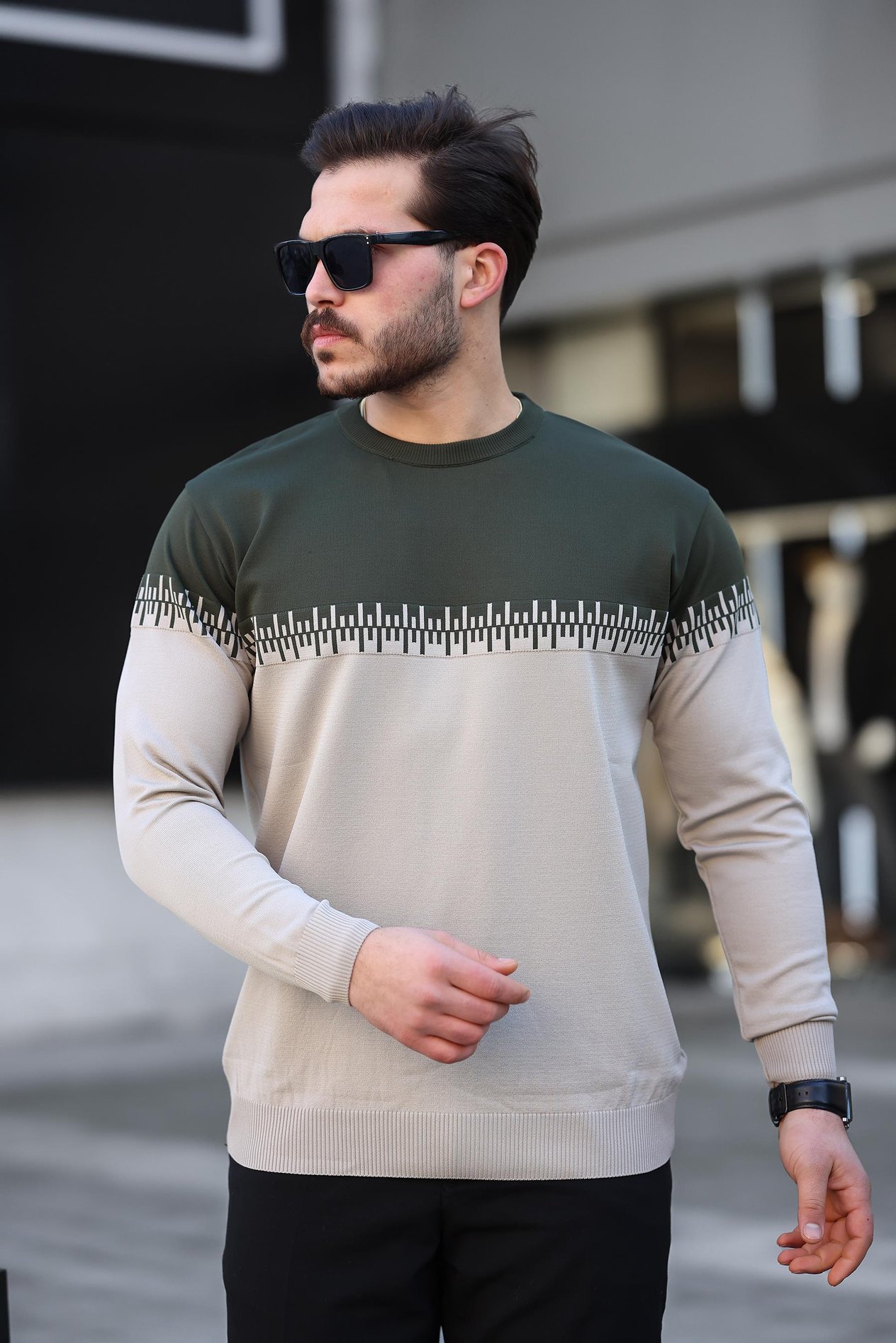 Miron Haki Bej İki Renk Desenli Bisiklet Yaka Triko Kazak- 2447