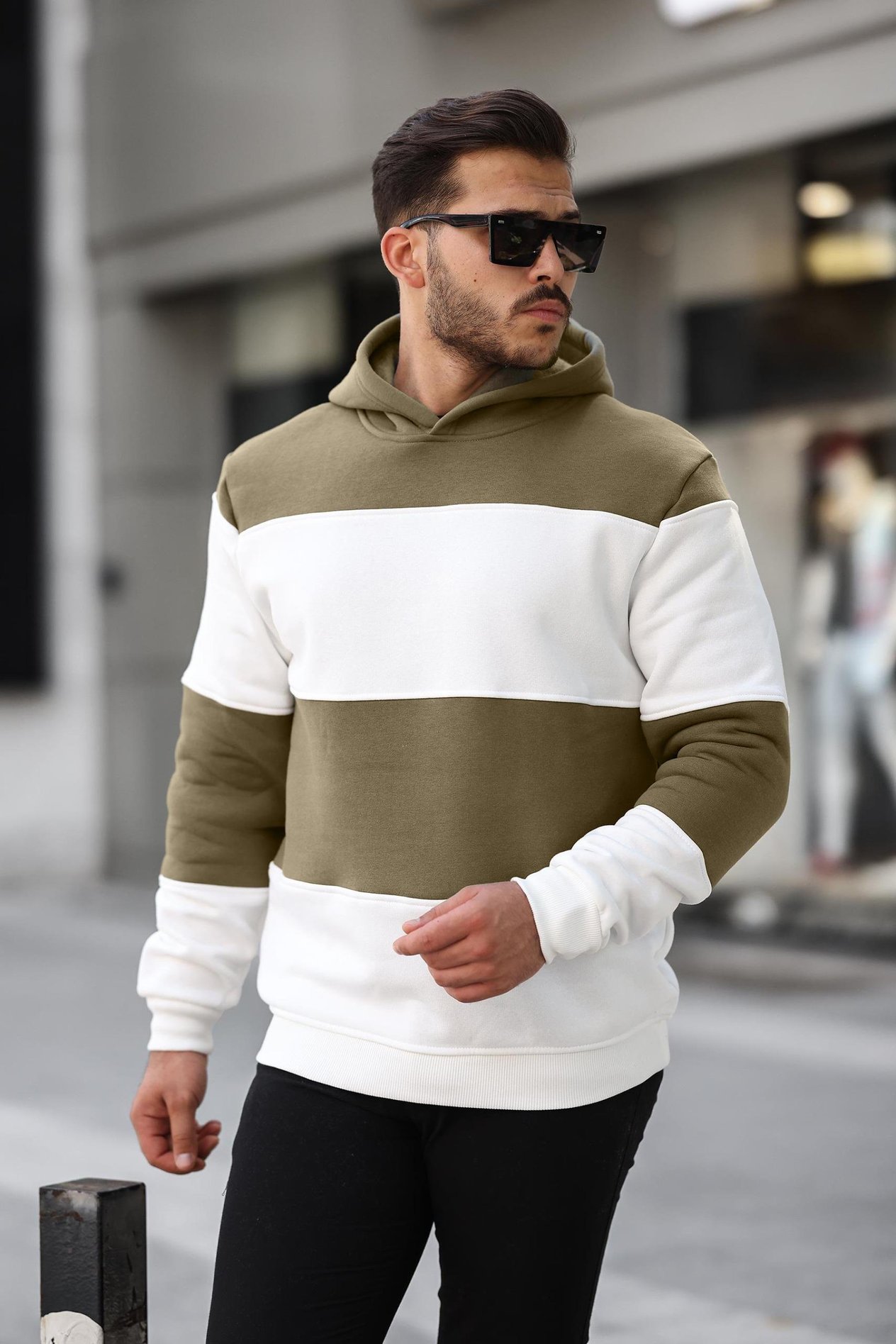 Miron Haki Beyaz Blok Parçalı Overisize Kapşonlu Üç İplik SweatshirT- 2316
