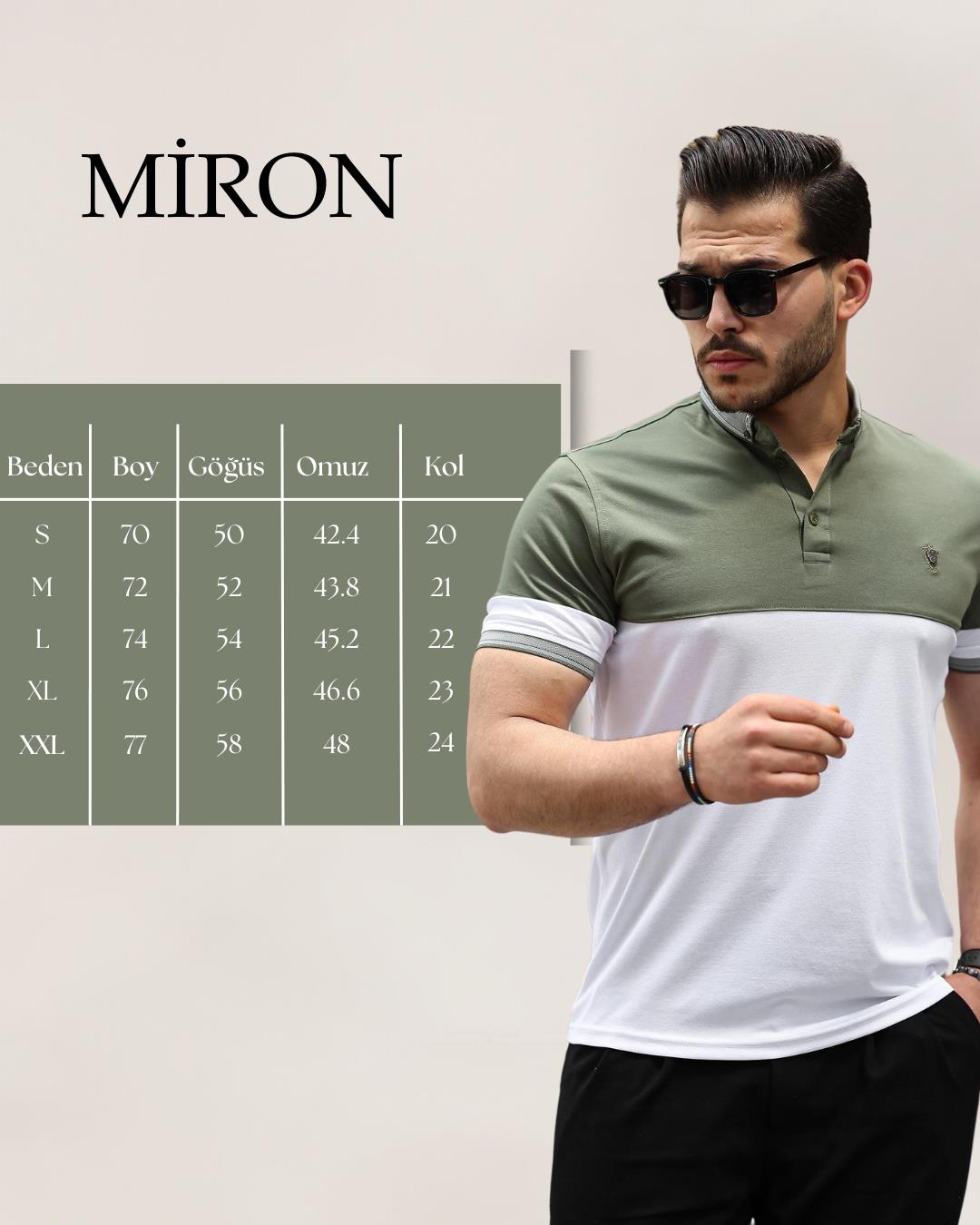 Miron Haki Beyaz Kagi Ston Parçalı Polo Yaka Kısa Kollu Tişört- 2402