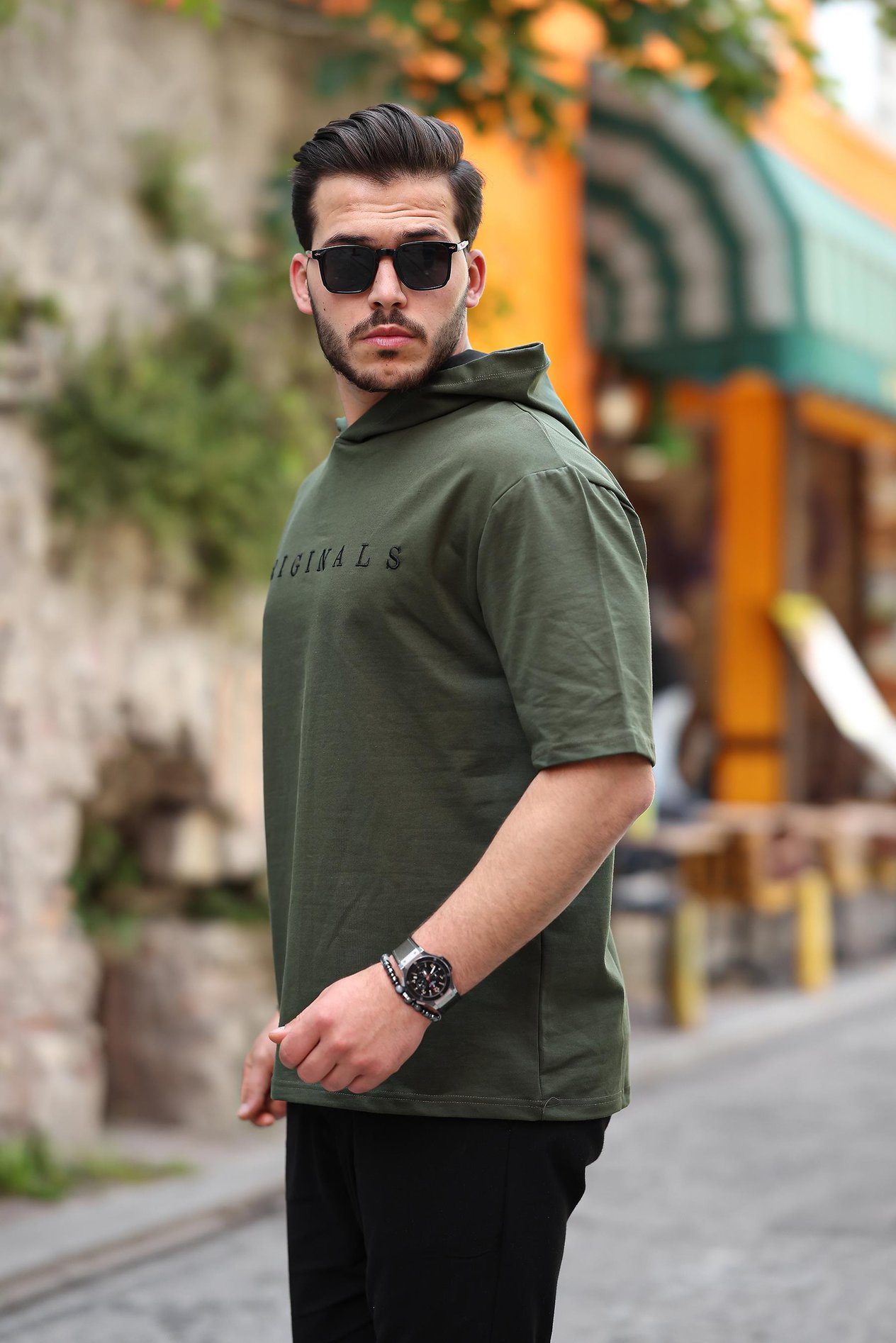 Miron Haki Originals Nakışlı Kapşonlu İki İplik Kısa Kollu Tişört- 2404