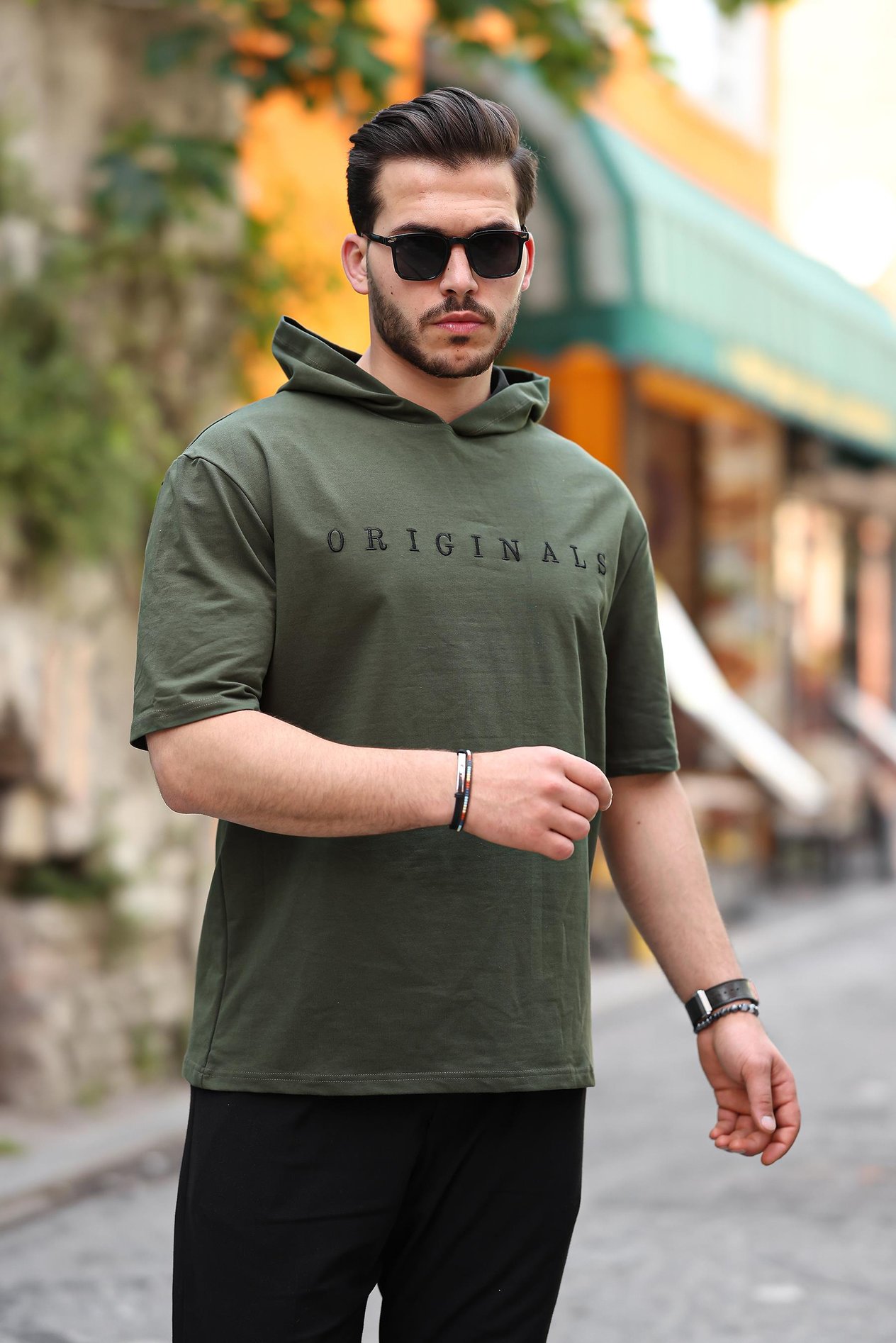 Miron Haki Originals Nakışlı Kapşonlu İki İplik Kısa Kollu Tişört- 2404