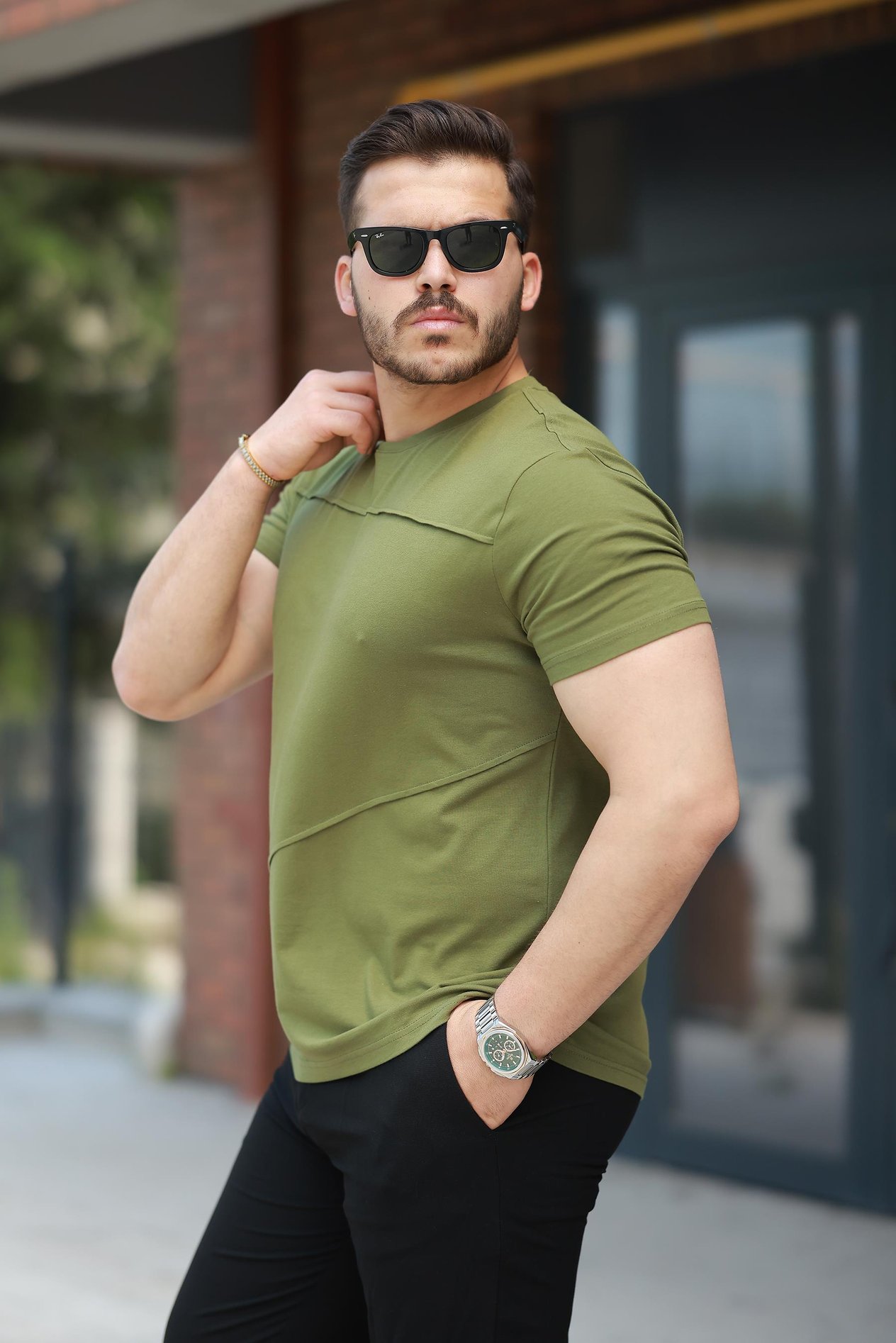 Miron Haki Parçalı Dikiş Detaylı Regular Fit Kısa Kollu Tişört -2523