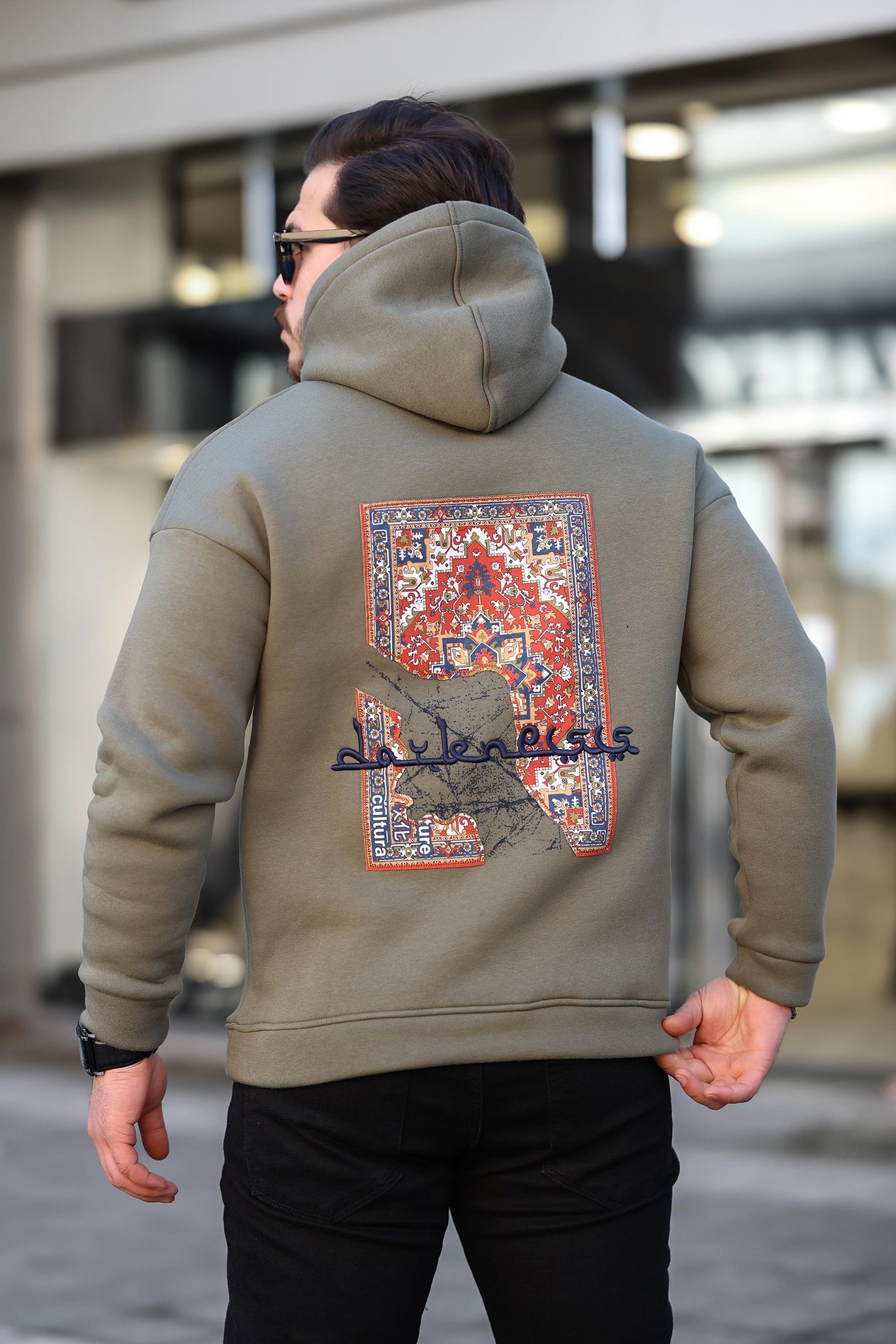 Miron Haki Sırtı Etnik Baskılı Kapüşonlu  Üç İplik Oversize Sweatshirt-2438 