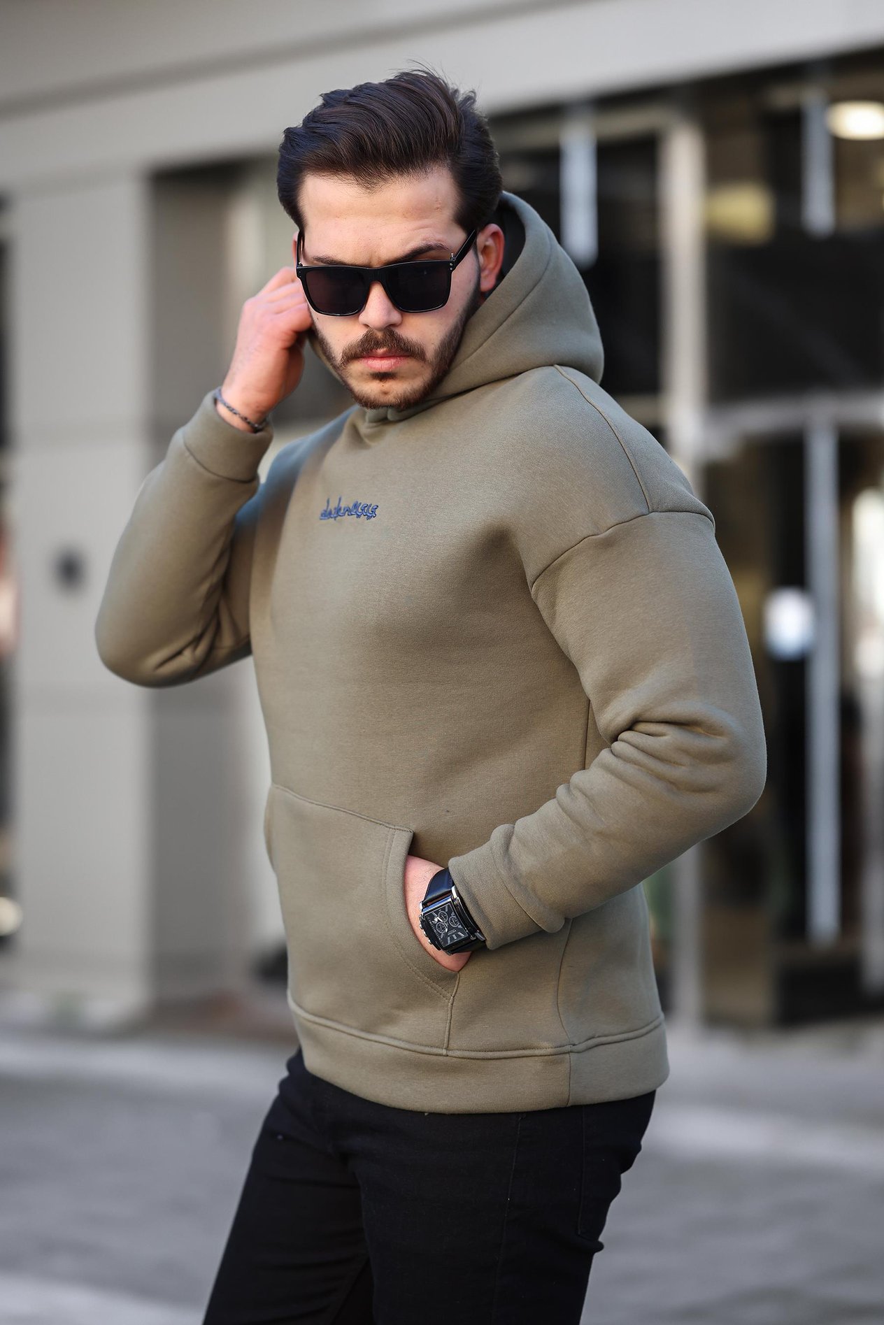 Miron Haki Sırtı Etnik Baskılı Kapüşonlu  Üç İplik Oversize Sweatshirt-2438 