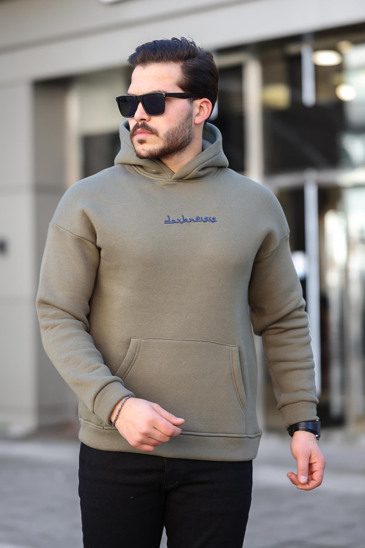 Miron Haki Sırtı Etnik Baskılı Kapüşonlu  Üç İplik Oversize Sweatshirt-2438 