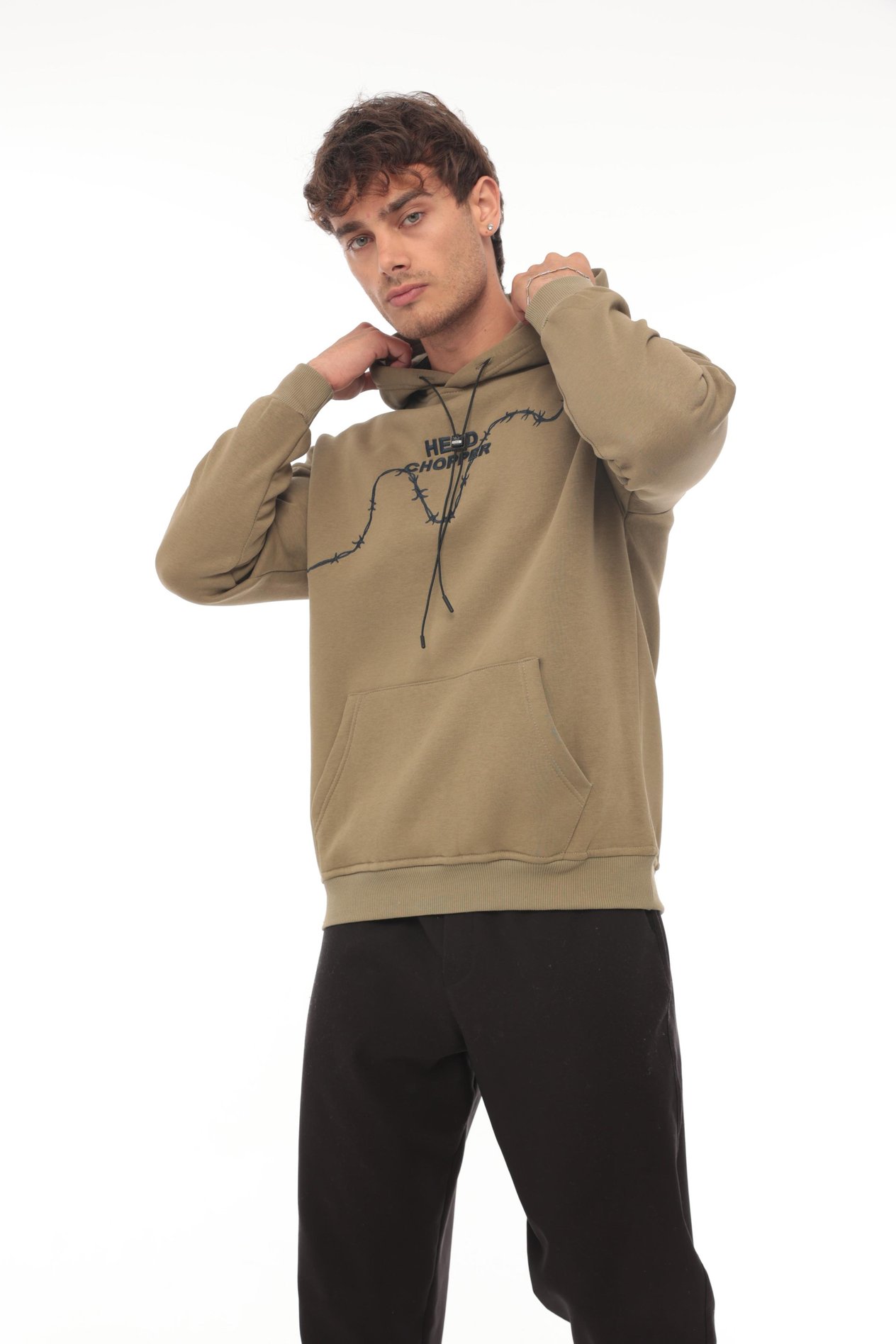 Miron Haki Üç İplik Head Chopper Nakışlı Oversize Kapşonlu Sweatshirt- 2319