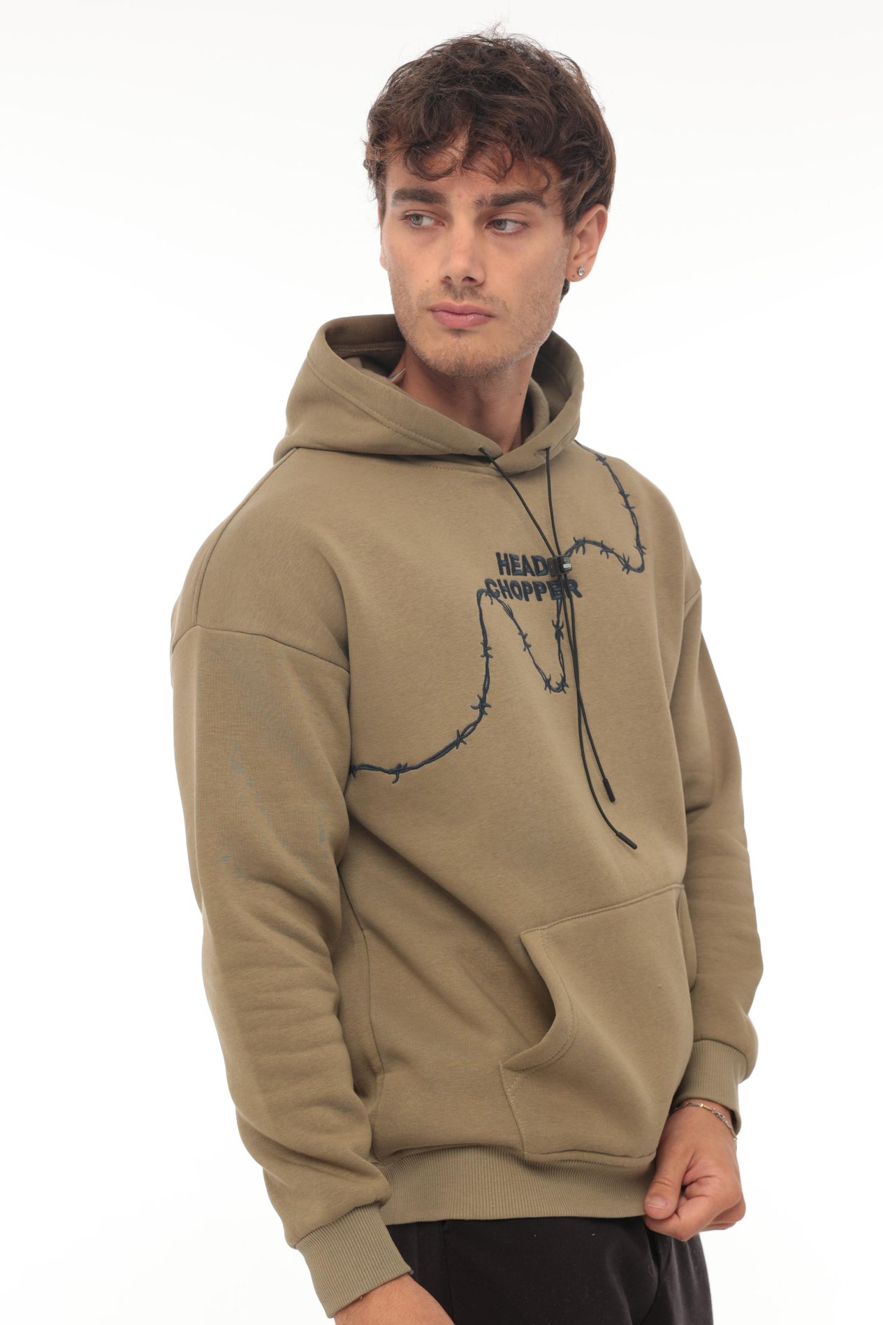 Miron Haki Üç İplik Head Chopper Nakışlı Oversize Kapşonlu Sweatshirt- 2319