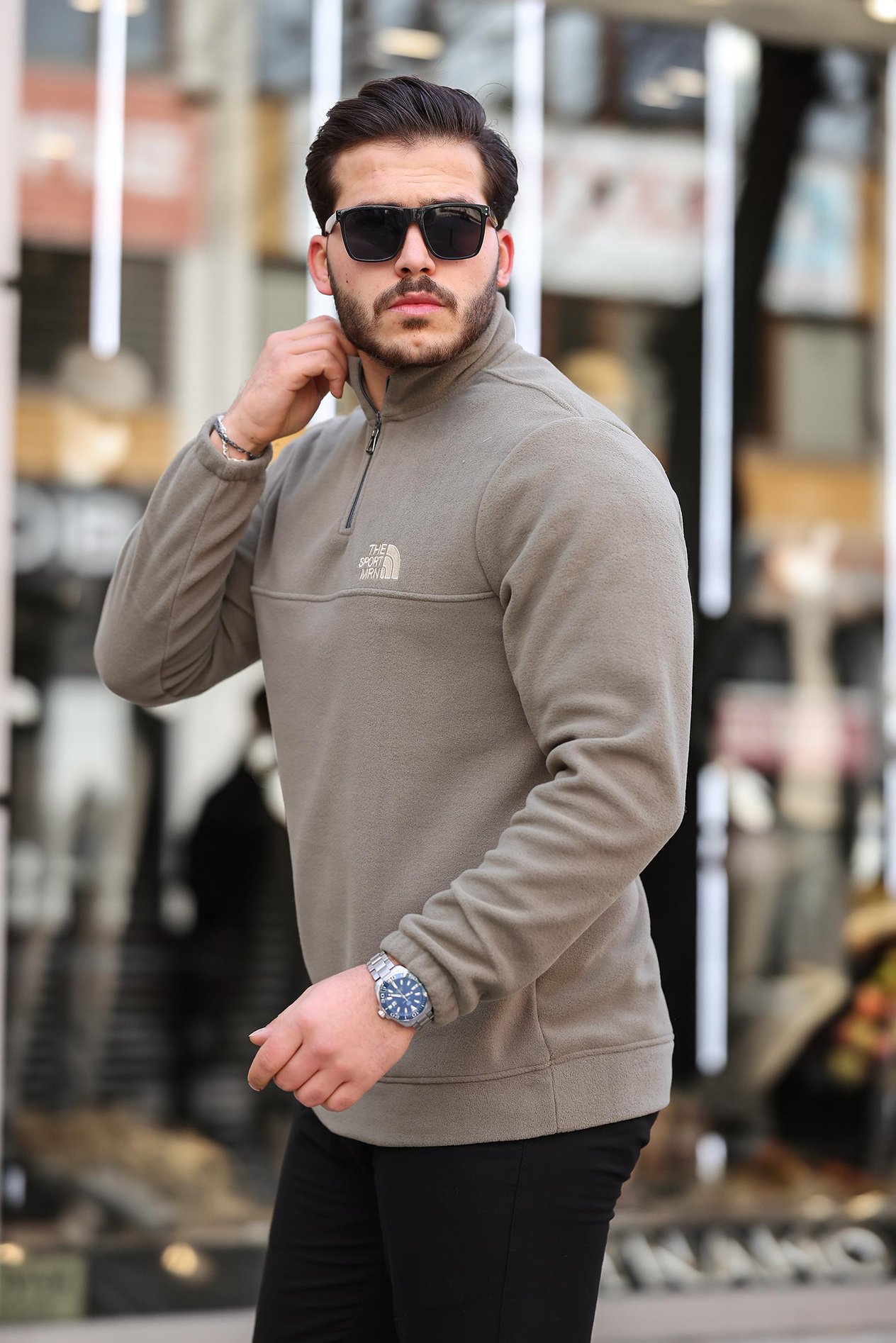 Miron Haki Unisex Nakışlı Dik Yaka Yarım Fermuarlı Polar Sweatshirt- 2321