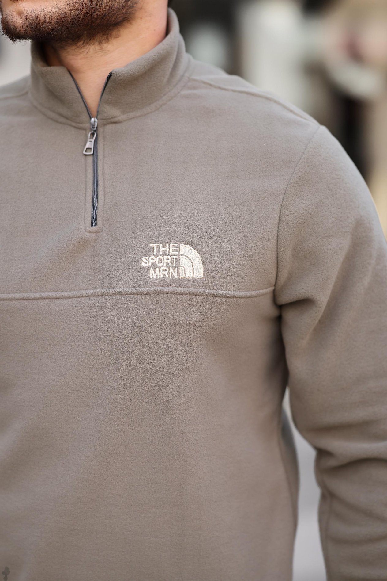 Miron Haki Unisex Nakışlı Dik Yaka Yarım Fermuarlı Polar Sweatshirt- 2321