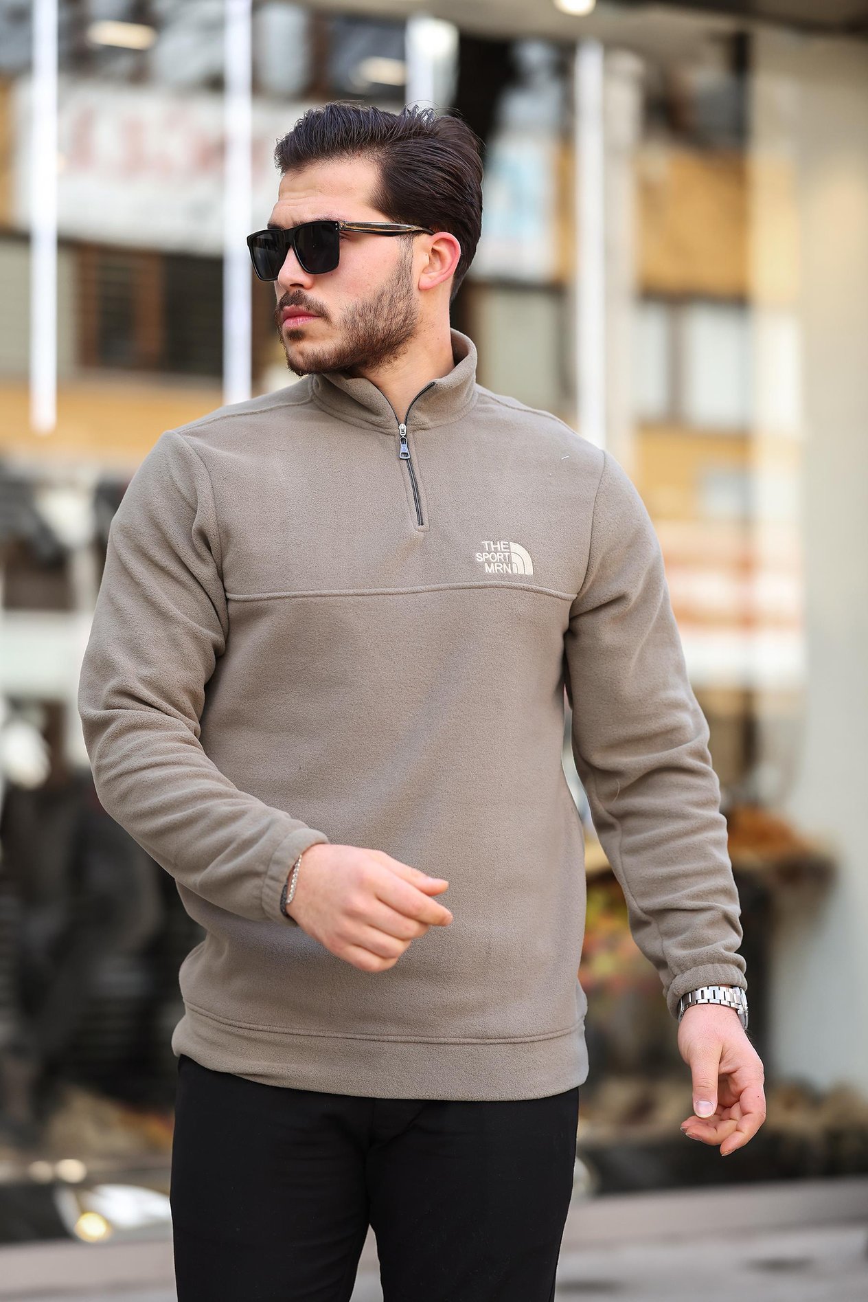 Miron Haki Unisex Nakışlı Dik Yaka Yarım Fermuarlı Polar Sweatshirt- 2321