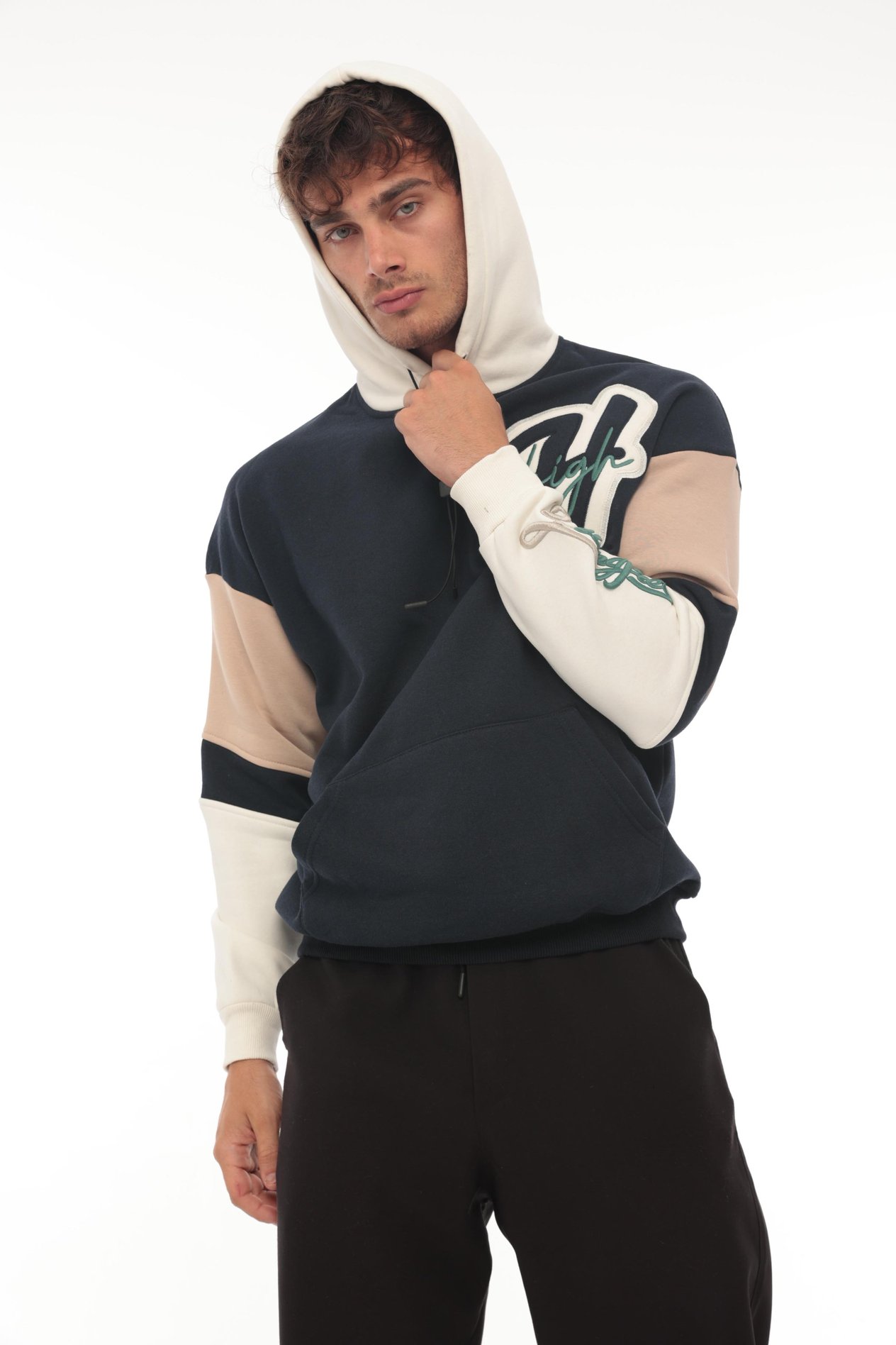 Miron High Nakışlı Oversize Sweatshirt - Lacivert Bej- 2315